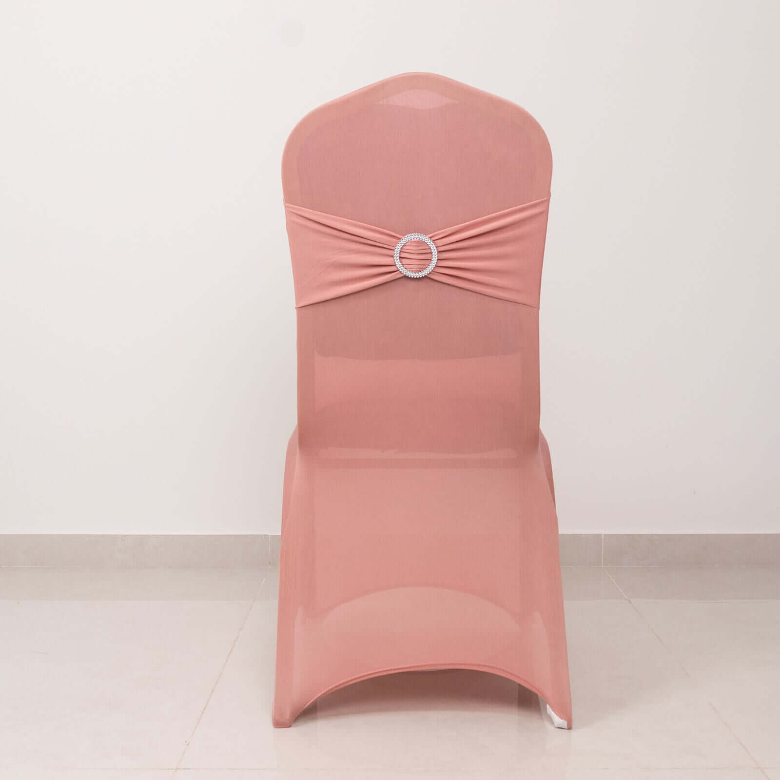 Spandex Chair Cover with Dusty Rose Rhinestone Buckled Sash Band Blush - Stretch Fitted Slipcover