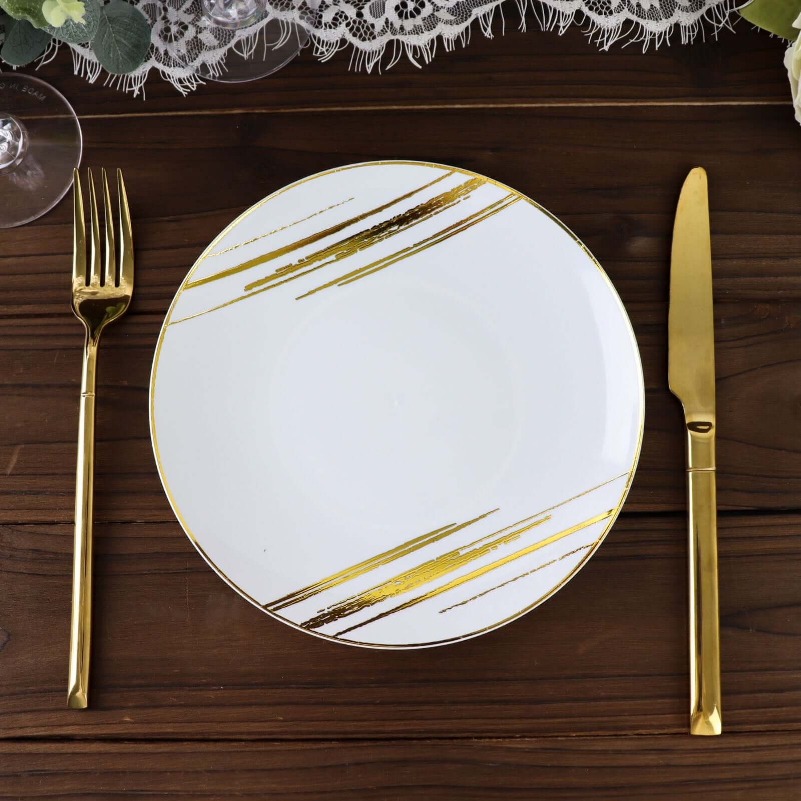 10-Pack Plastic 7 Round Dessert Plates in White with Gold Brush Stroked Print - Disposable Appetizer Salad Plates