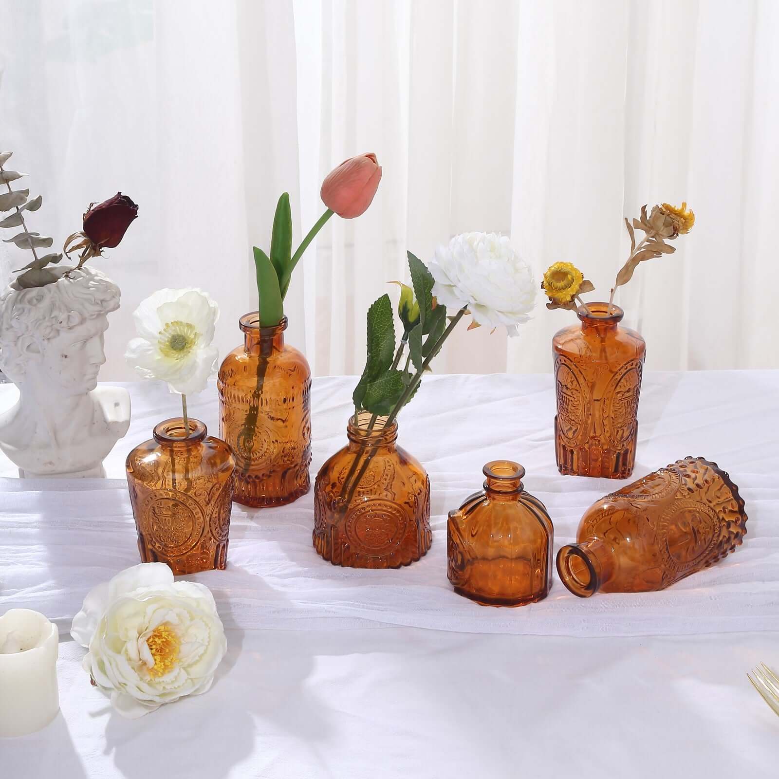 Set of 6 Embossed Glass Bud Vases Vintage Amber Gold - Apothecary Style Decorative Table Centerpieces