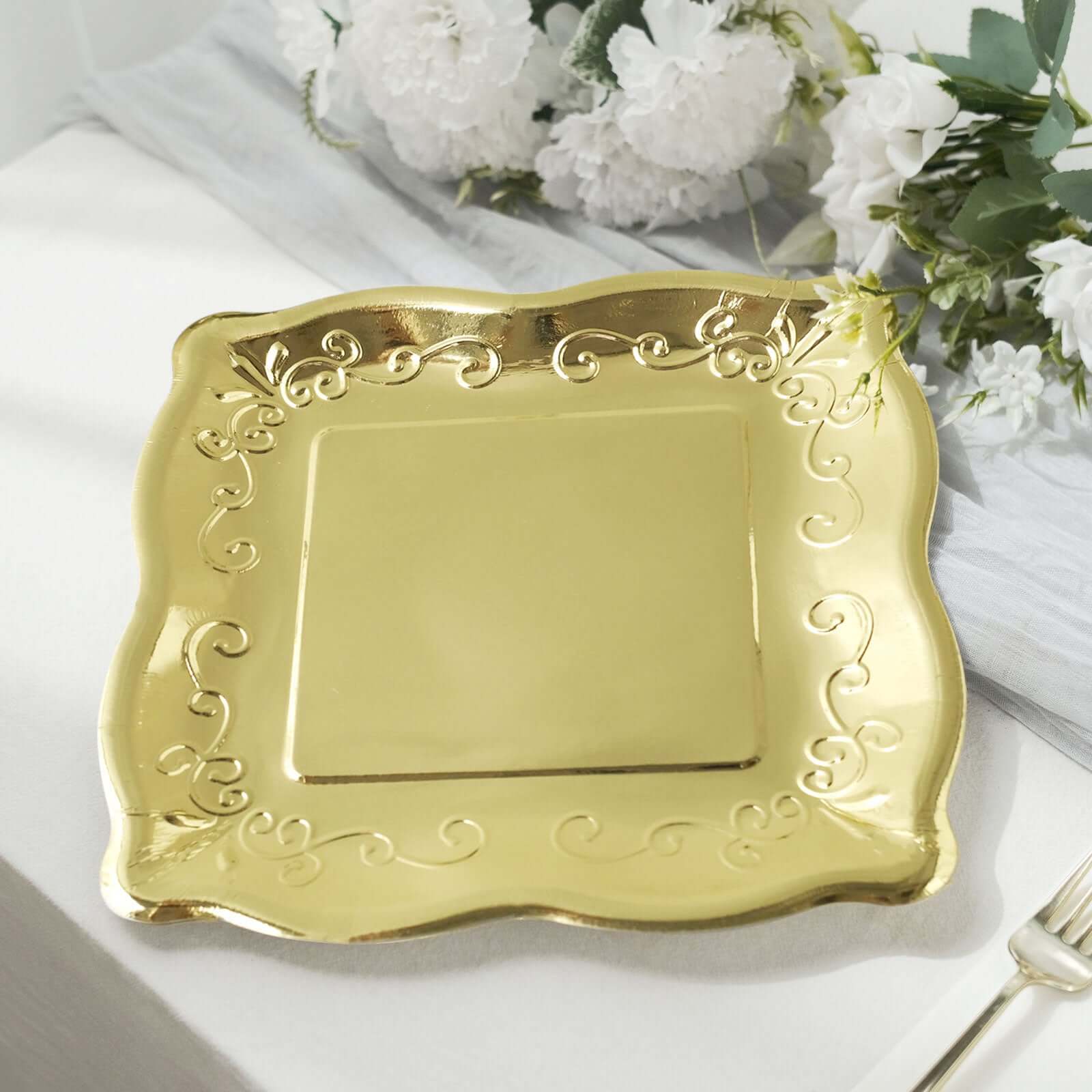 25-Pack Paper 11 Square Dinner Plates in Gold with Vintage Pottery Embossed Design - Shiny Metallic Disposable Serving Plates for Glamorous Dinners & Events