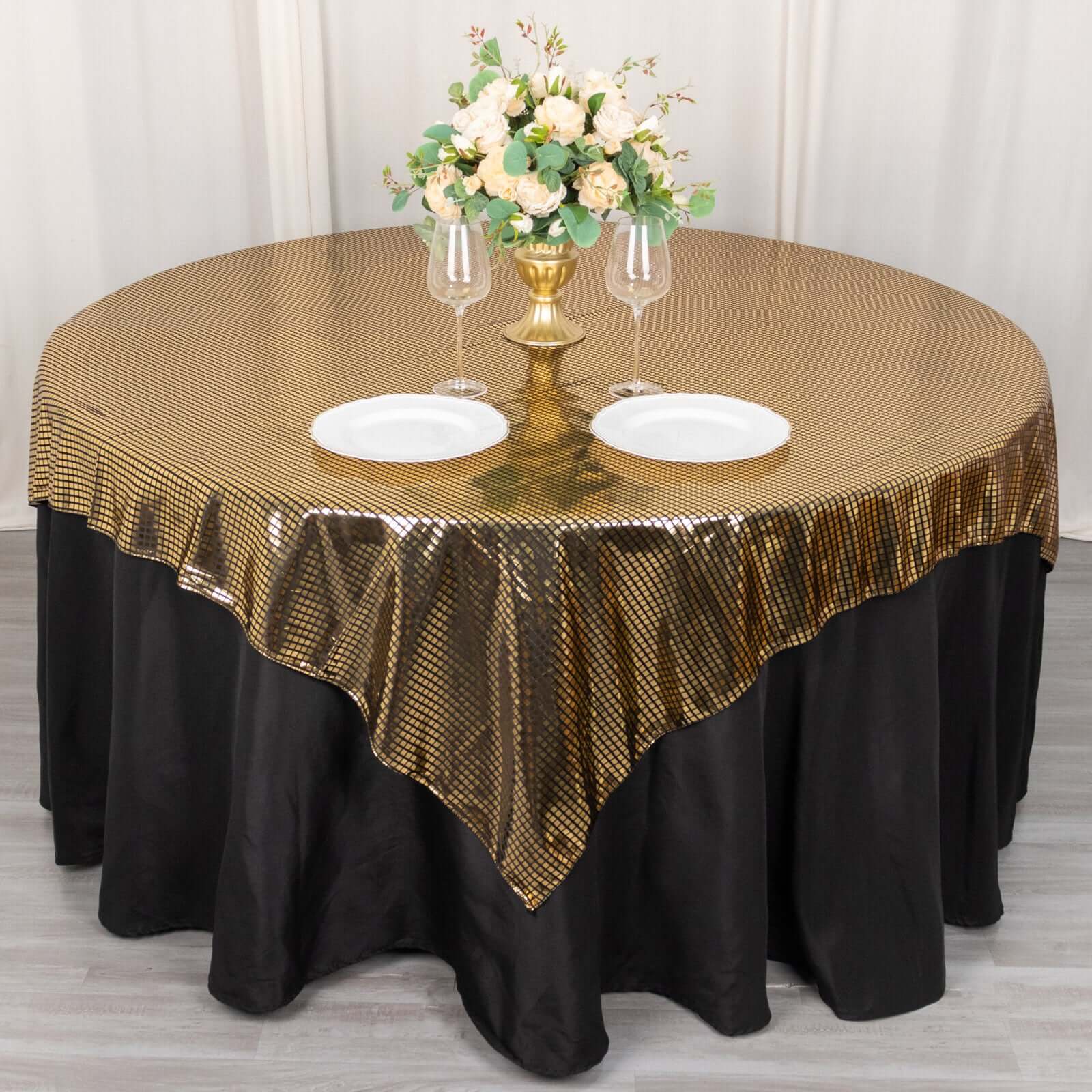 Polyester 72x72 Table Overlay Square Tablecloth Black - Gold Foil Disco Mirror Ball Design for Stylish Celebrations