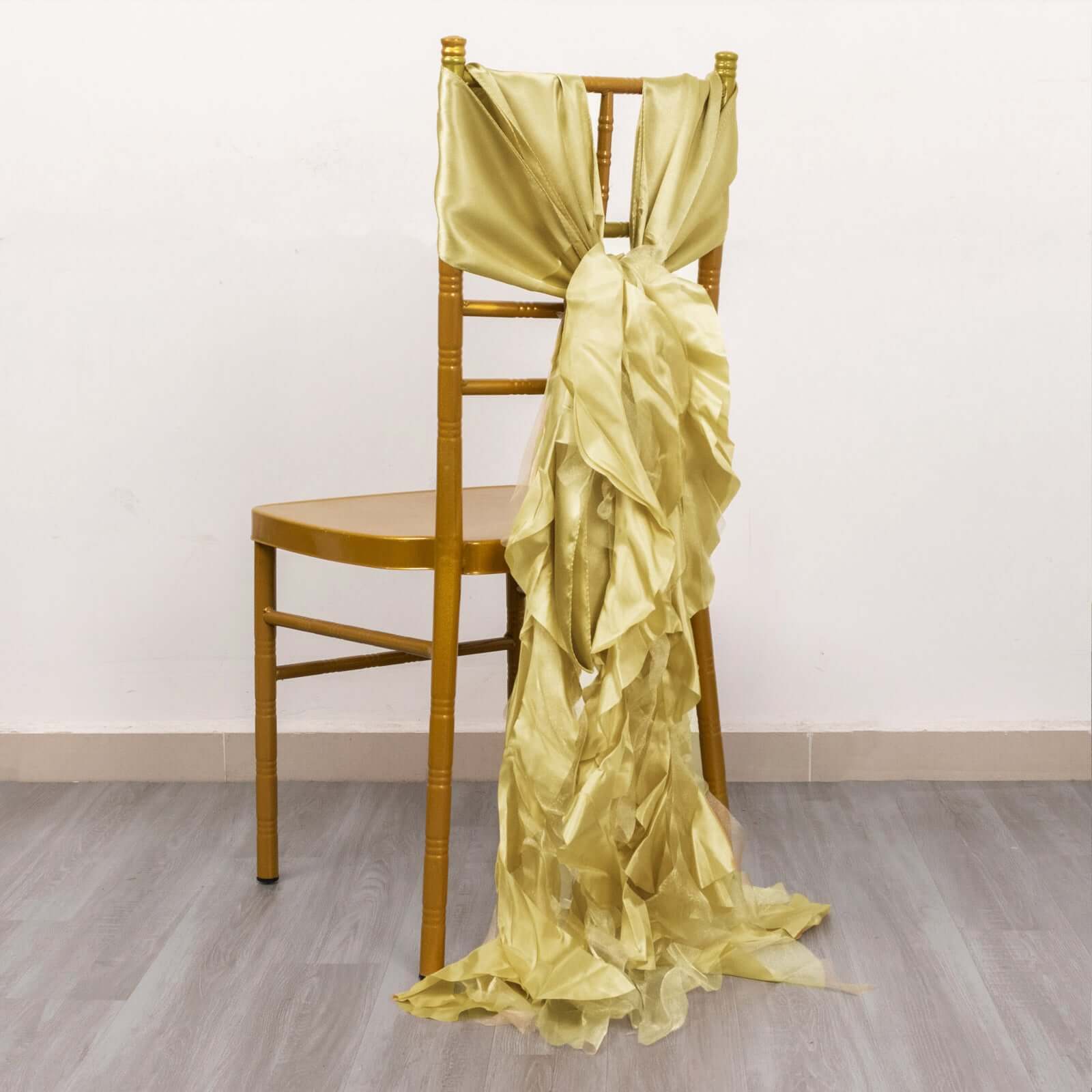 5 Pack Chiffon Satin Chair Sashes Champagne - Easy to Install Ruffled Curly Willow