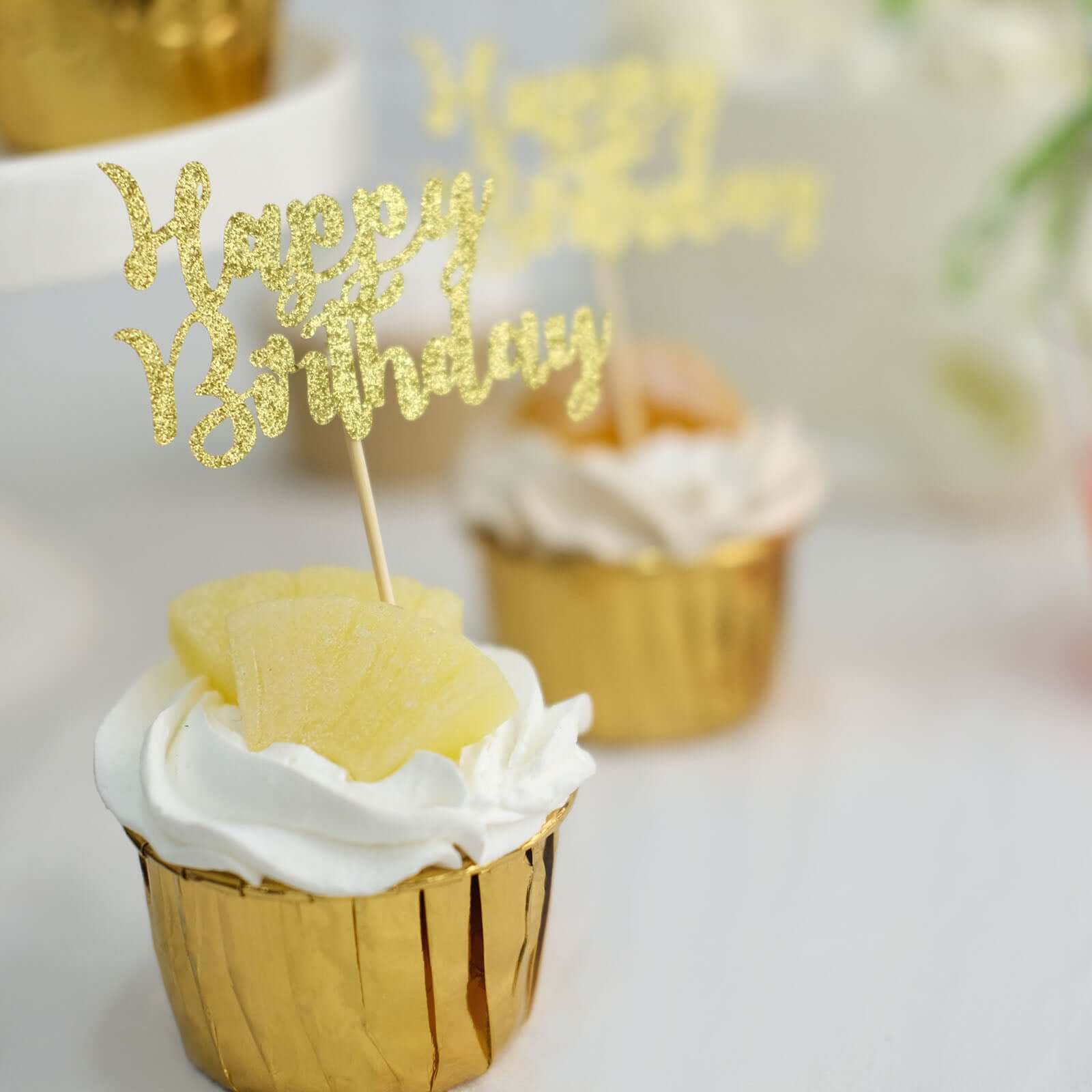 24-Pack Cupcake Toppers Happy Birthday Design Glitter Gold - Party Cake Picks Decoration Supplies