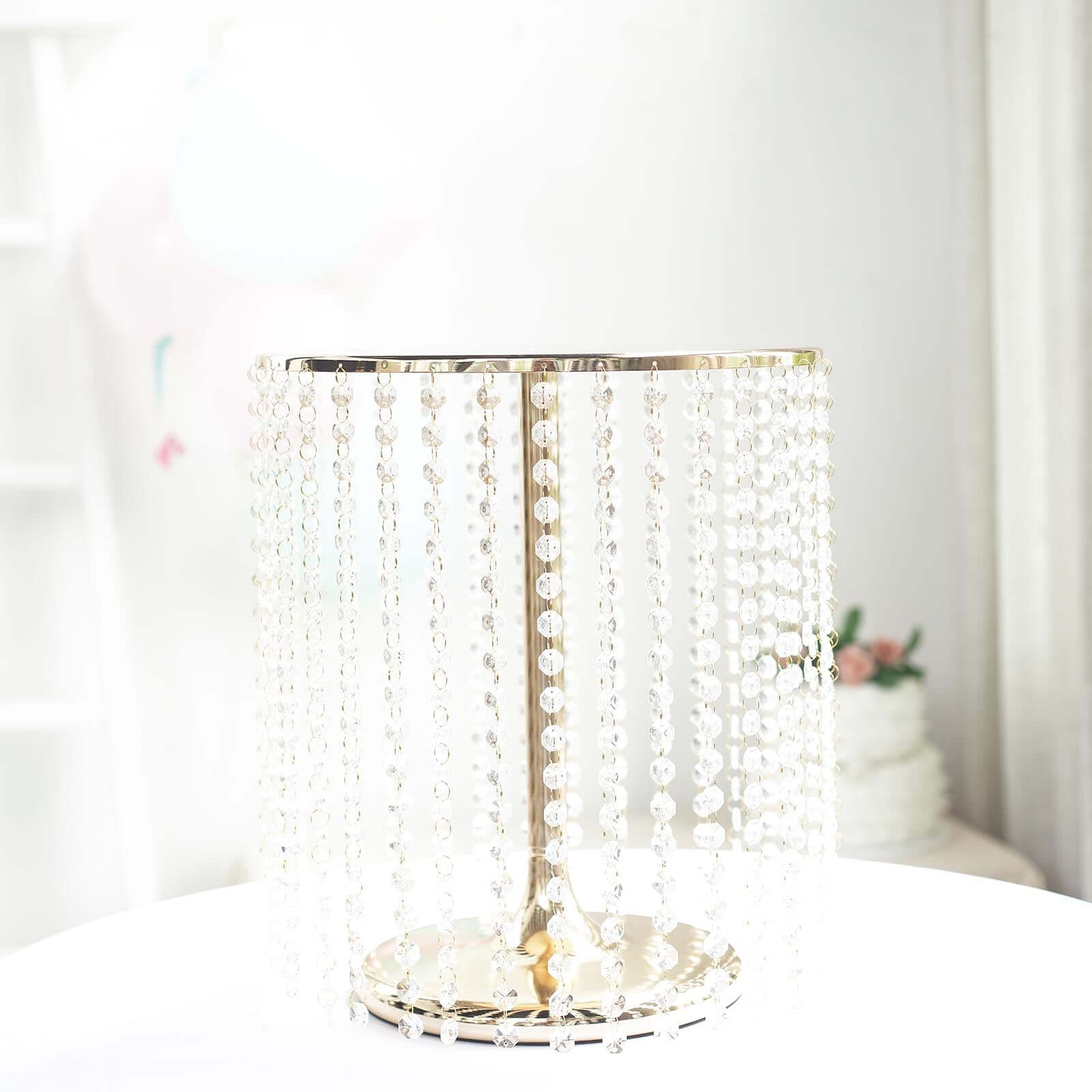 Metal Cake Stand Round Design Metallic Gold with Crystal Chains 14 Dia - Cupcake Dessert Pedestal 16Tall