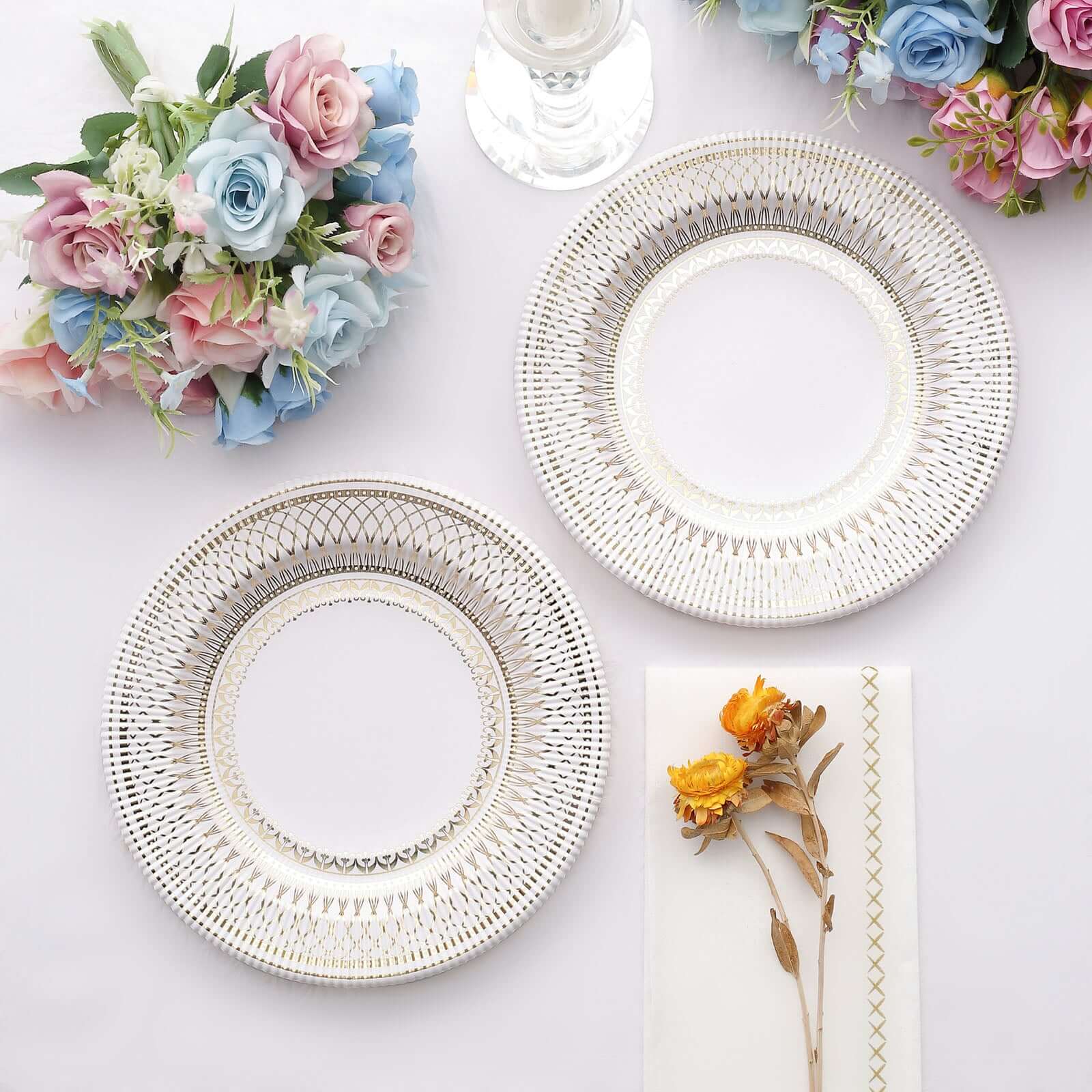 25-Pack Paper 8 Round Dessert Plates in White with Gold Vintage Porcelain Style Rim - Disposable 300GSM Salad Appetizer Plates