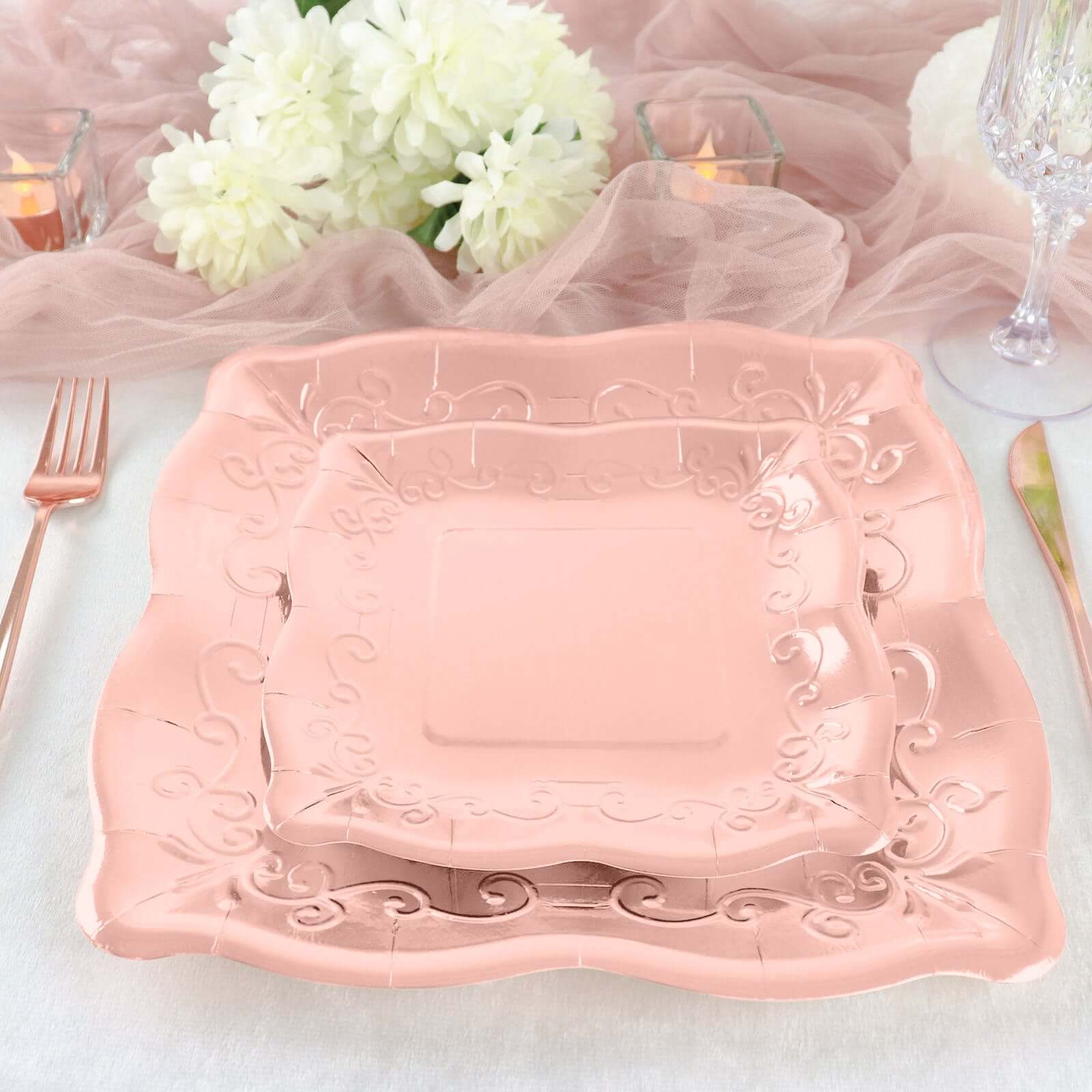 25-Pack Paper 7 Square Dessert Plates in Rose Gold with Vintage Pottery Embossed Design - Shiny Metallic Disposable Appetizer Plates