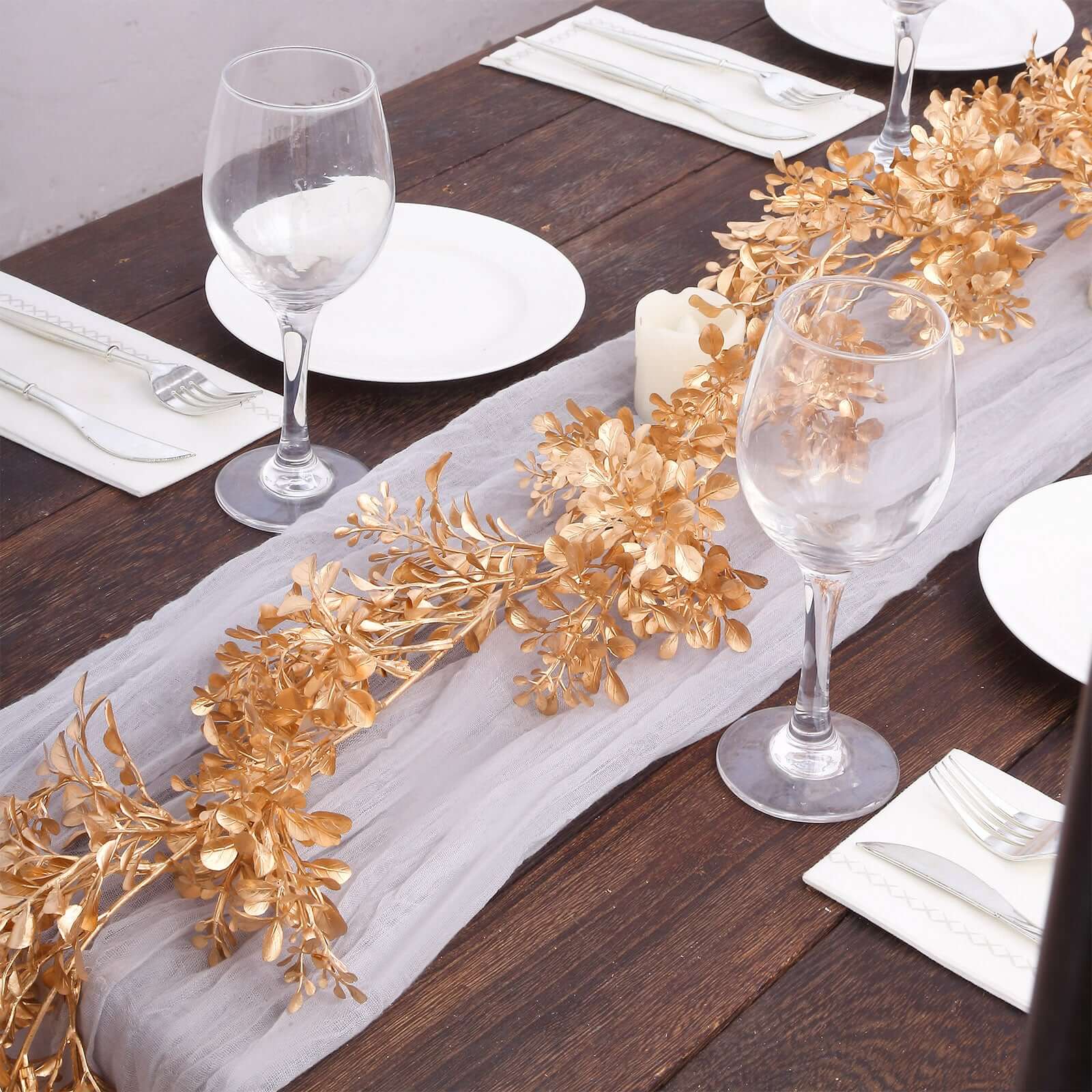 Artificial Boxwood Leaf Table Garland Metallic Gold - Versatile Faux Decorative Hanging Vine for Modern & Chic Event Styling 6ft