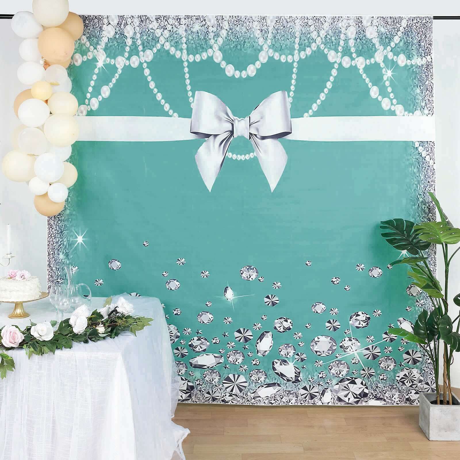 8ftx8ft Turquoise White Bow, Diamond Pearl Print Vinyl Photo Backdrop