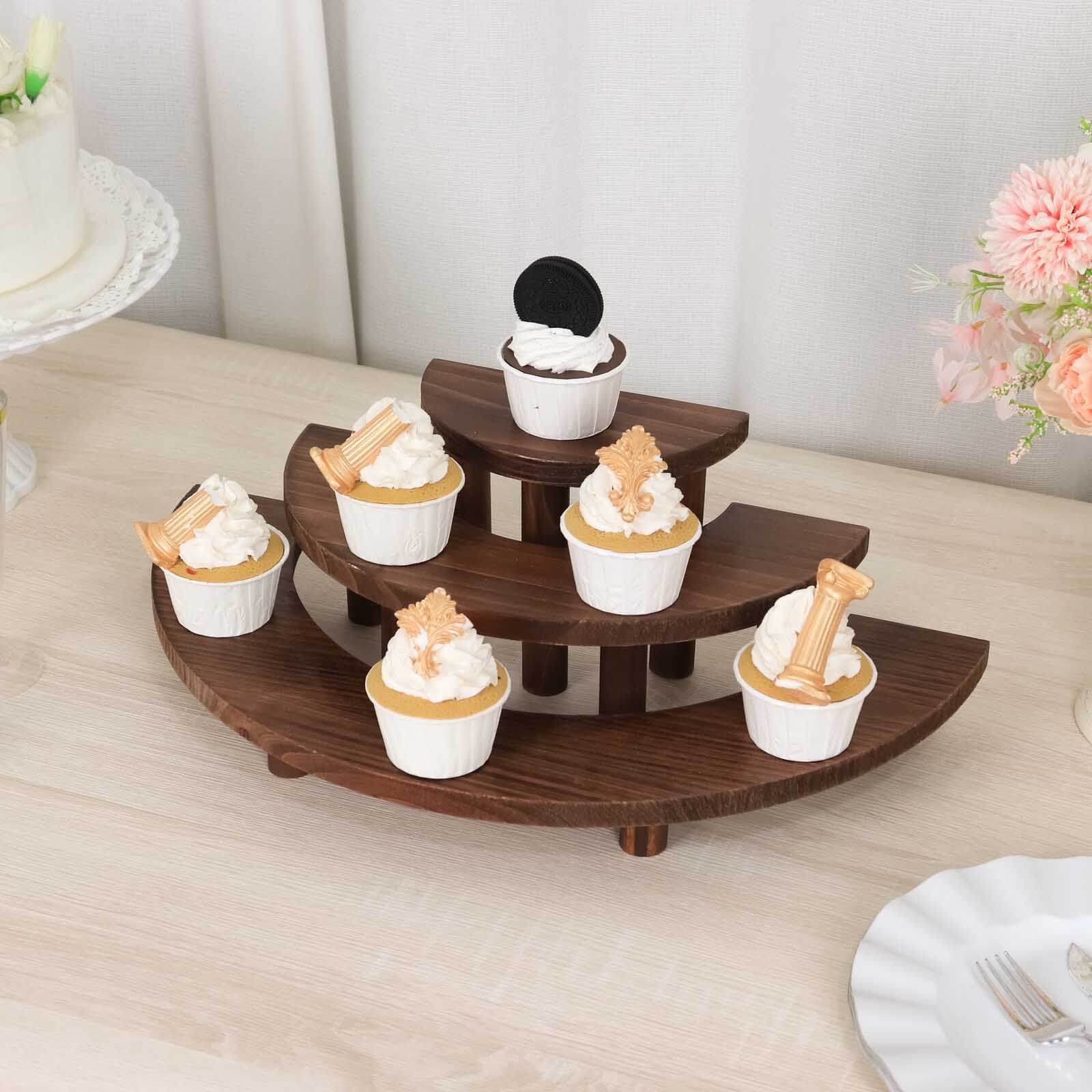 Set of 3 Wooden Dessert Pedestals Rustic Brown 3-Tier Semicircle Design - Half Moon Cupcake Display Risers 7, 13, 18