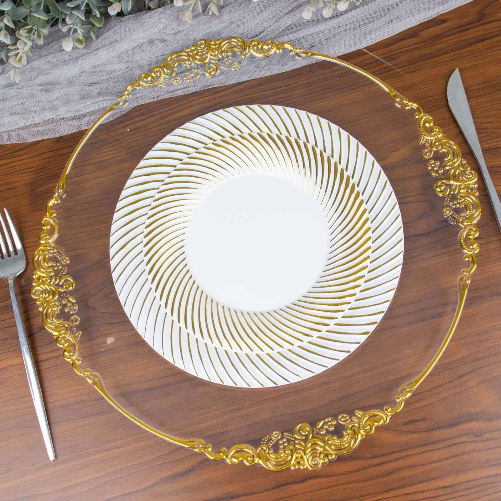 10-Pack Plastic 7 Round Dessert Plates in White with Gold Swirl Rim - Disposable Salad Plates for Classy Events & Banquets