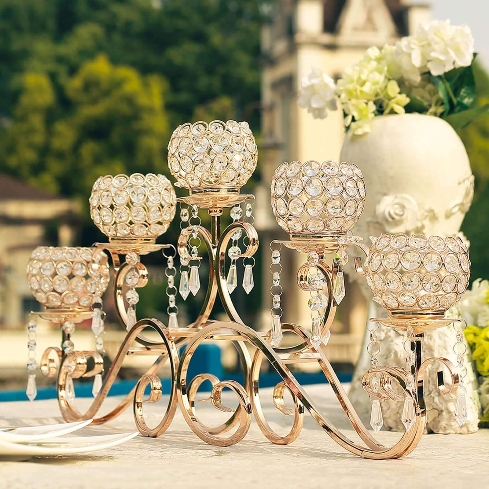 5-Arm Metal Candelabra Horizontal Design with Crystal Goblets Gold - Table Centerpiece for Events 27