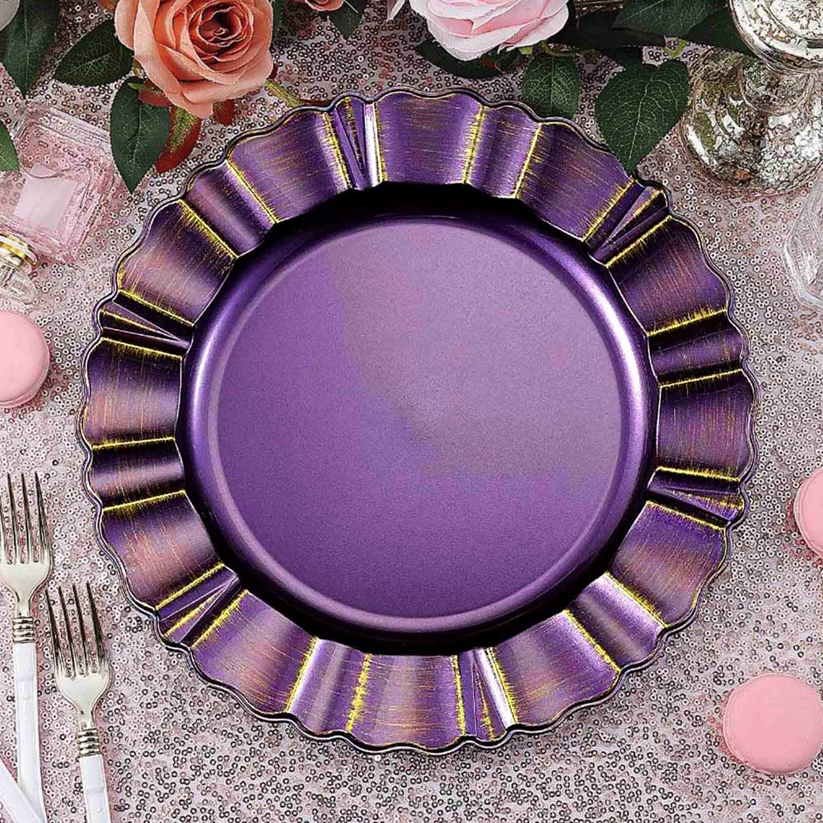 6-Pack Acrylic Plastic Round Charger Plates 13 in Purple with Gold Brushed Wavy Scalloped Rim, Decorative Dinner Party Charger Tableware