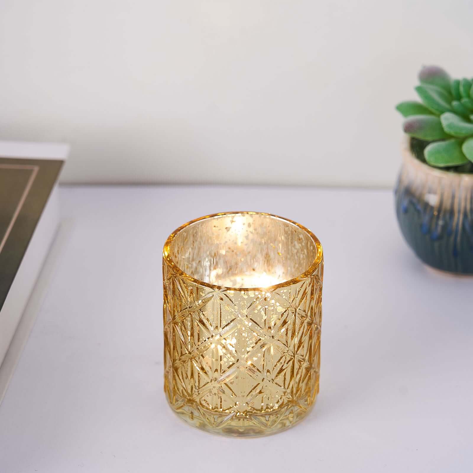 6-Pack Mercury Glass Candle Holders Shiny Gold with Geometric Design - Votive Tealight Holders 3