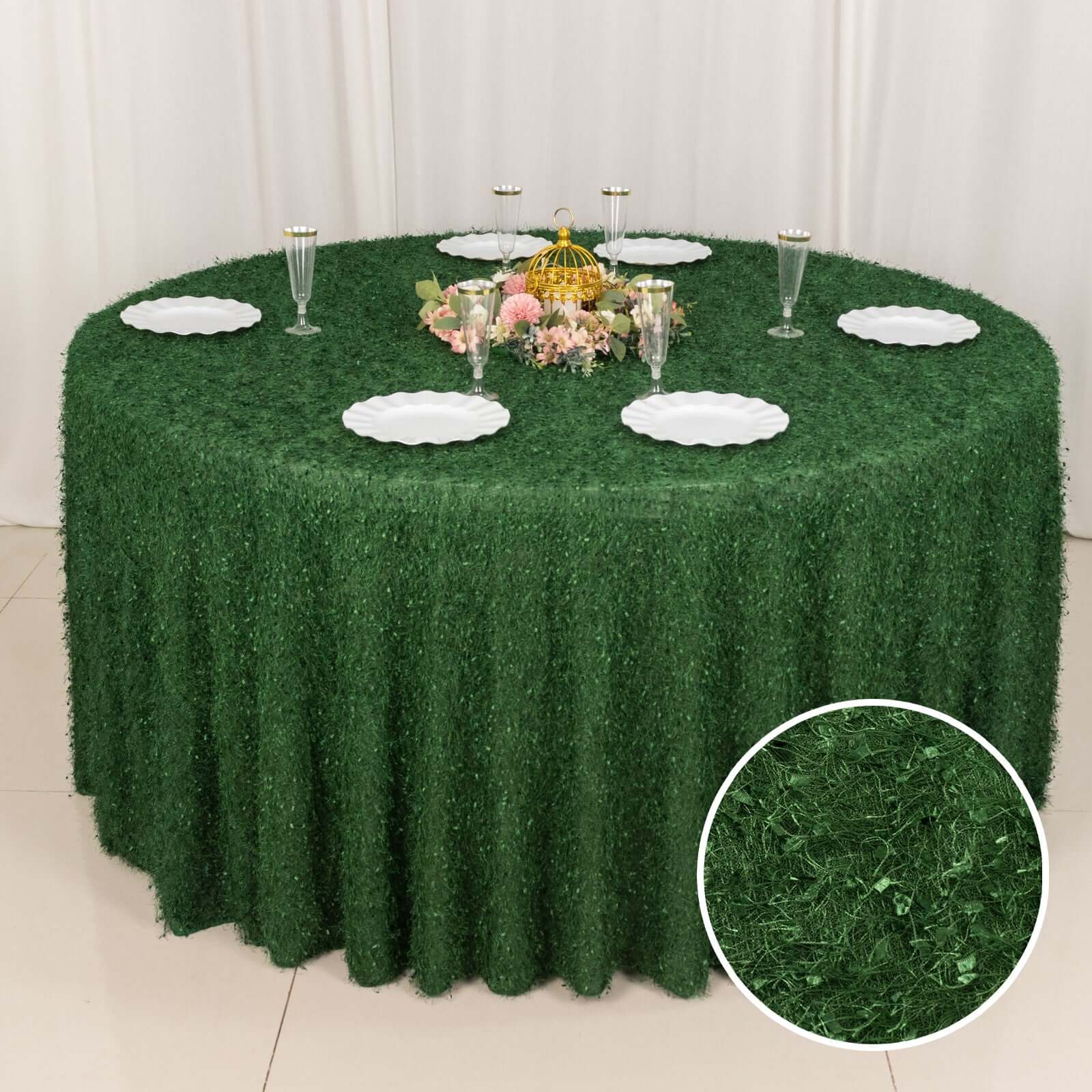 Polyester 120 Round Tablecloth Green with Shaggy Fringe Table Cover