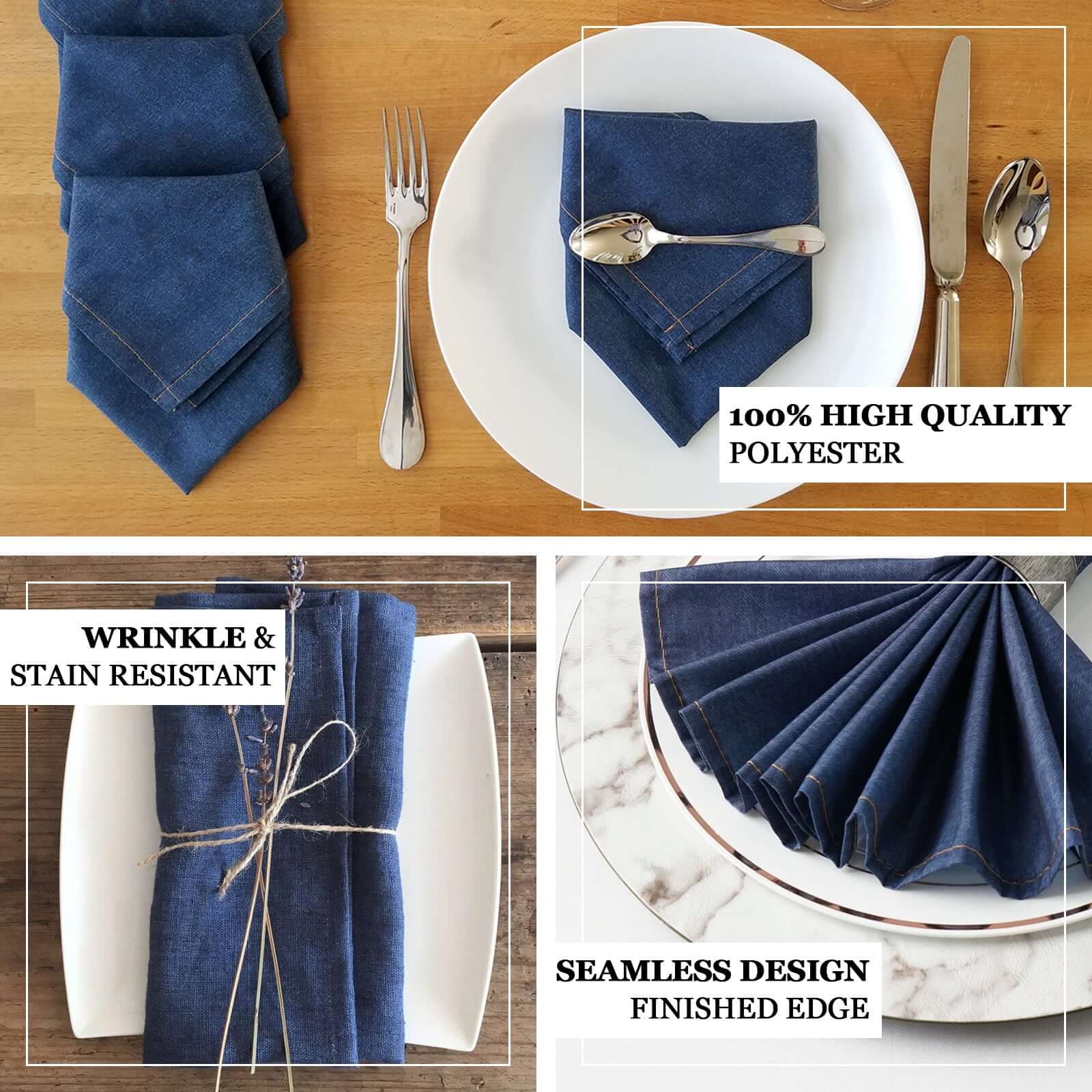 5 Pack Polyester 17x17 Napkins Navy Blue Faux Denim Style Dinner Napkins for Casual Gatherings & Themed Events