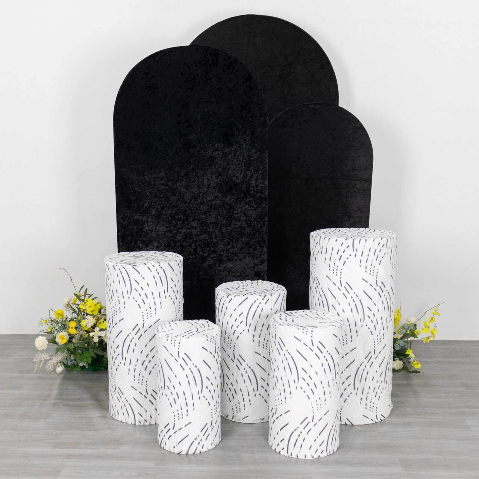 Set of 5 White Wave Mesh Cylinder Pedestal Stand Covers with Embroidered Sequins, Pillar Prop Covers - 160 GSM