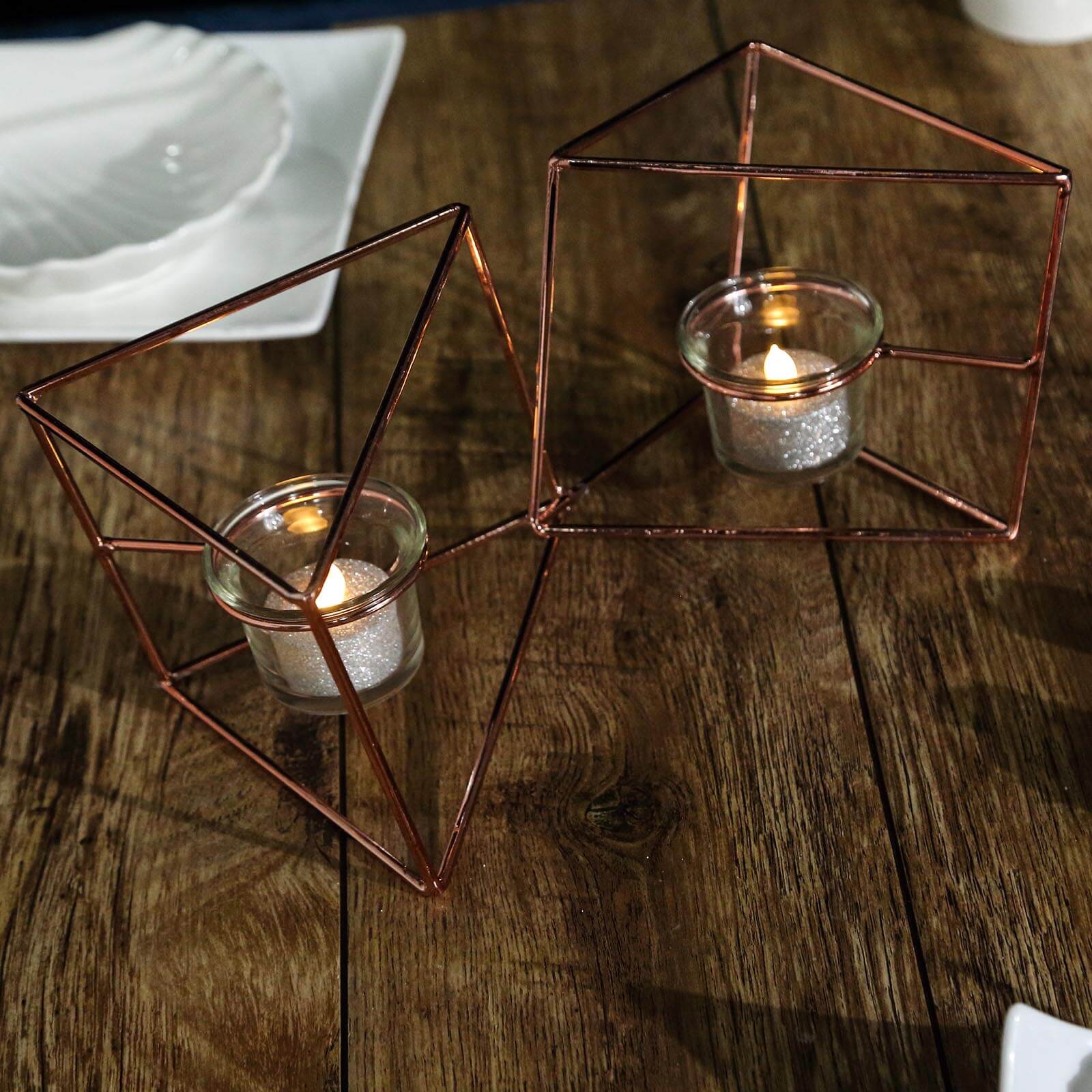 Set of Metal Candle Holders Linked Geometric Design Rose Gold - Chic Votive Glass Decor for Events & Gatherings 9