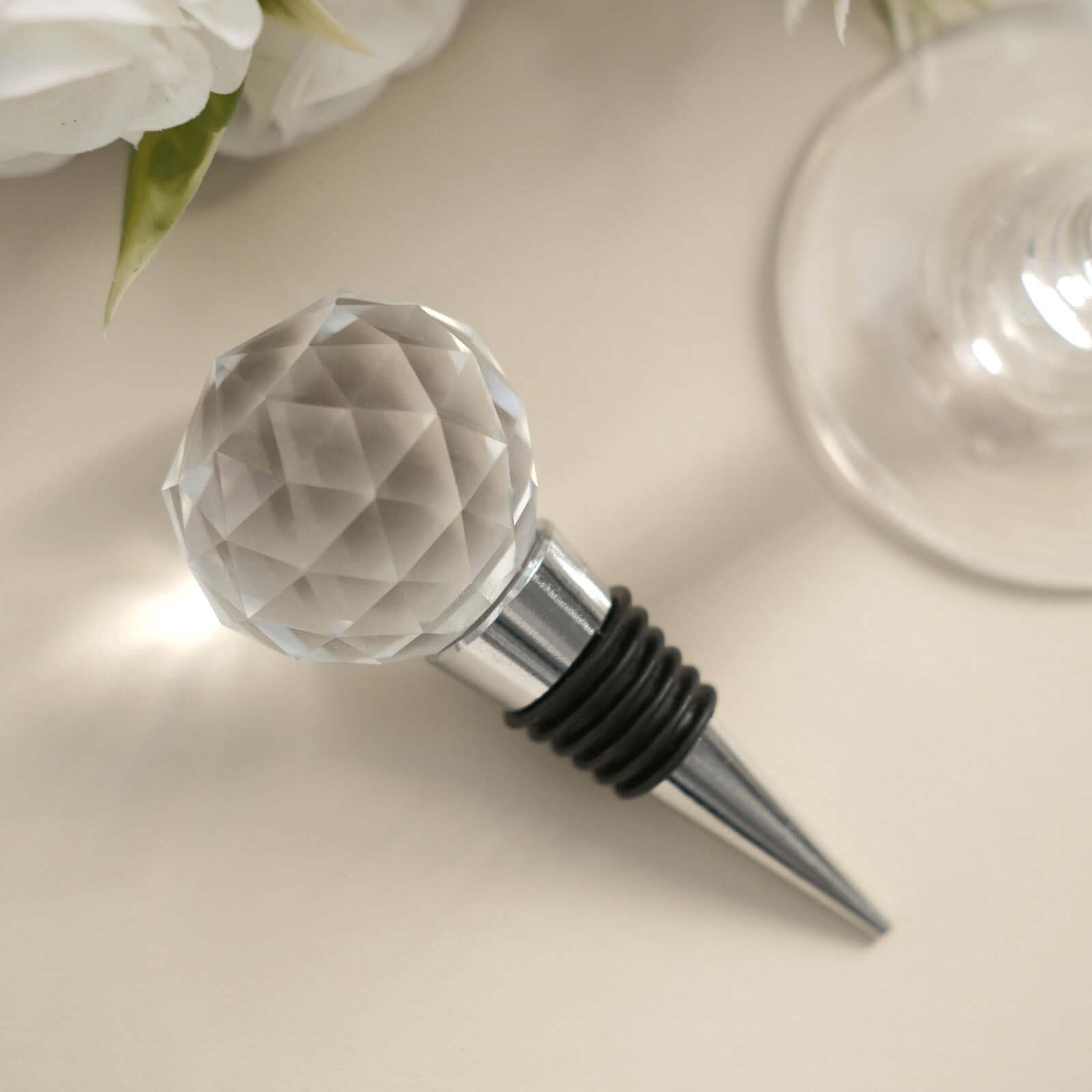 Crystal Glass Ball Metal Wine Bottle Stopper Plug Party Favor Gift Box - Clear Box, Thank You Card, and Ribbon Included