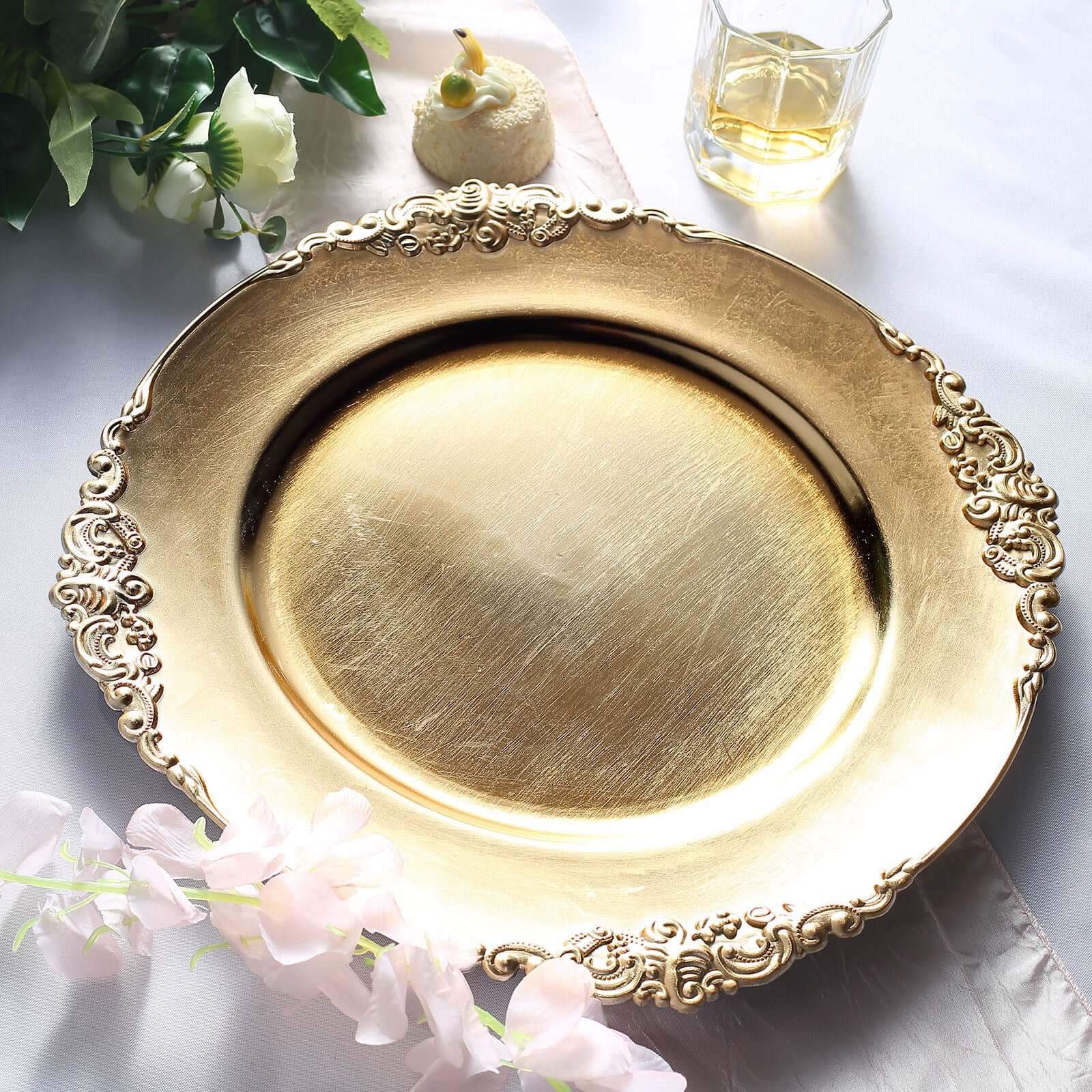6-Pack Acrylic Round Charger Plates 13 in Gold with Embossed Baroque Rim, Antique Decorative Dinner Party Charger Tableware