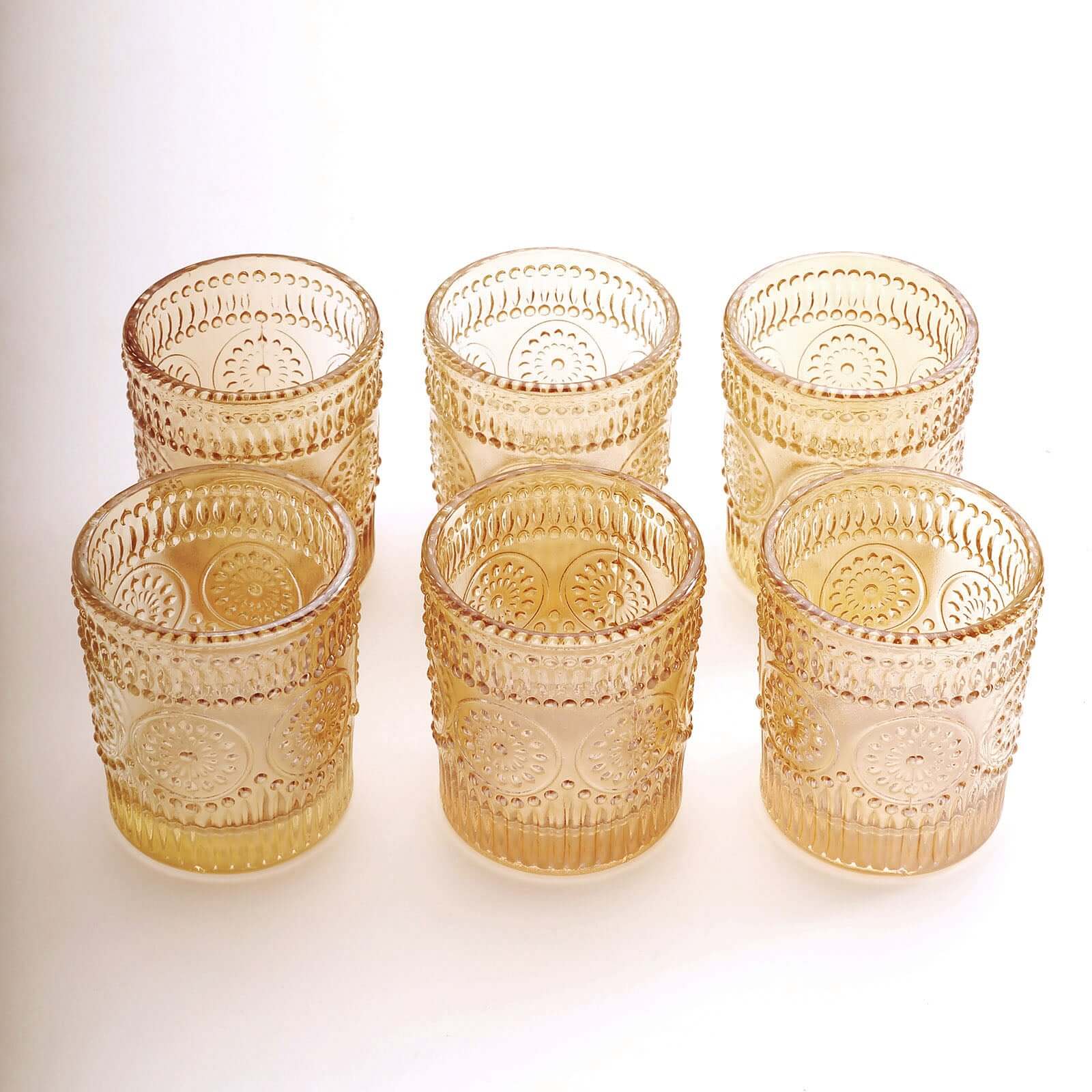 6-Pack Glass Candle Holders Amber Gold Primrose Design - Votive Tealight Holders for Weddings