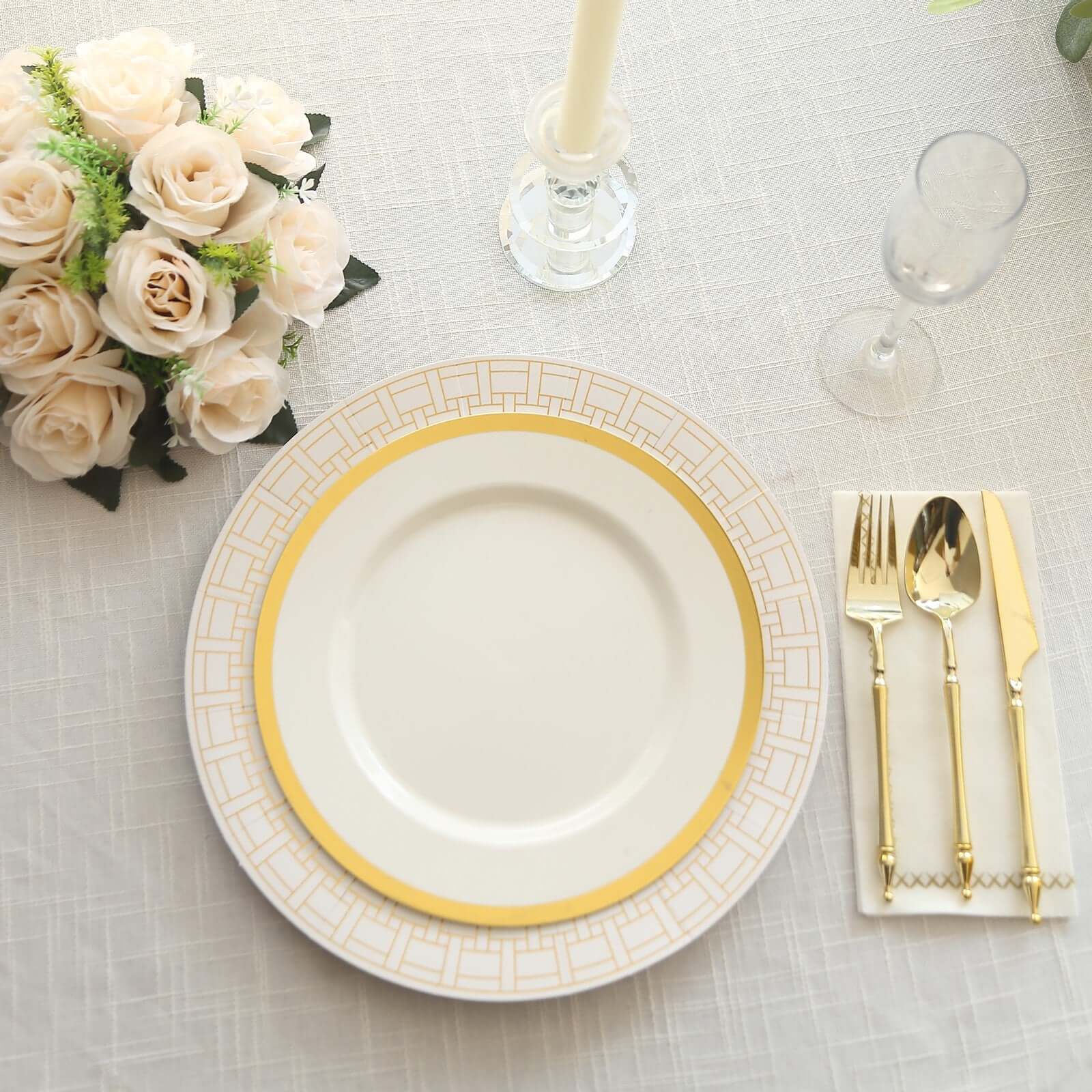 10-Pack Disposable Table Placemats in White with Gold Basketweave Pattern Rim - 650GSM Cardboard Placemats for Weddings & Banquets 13