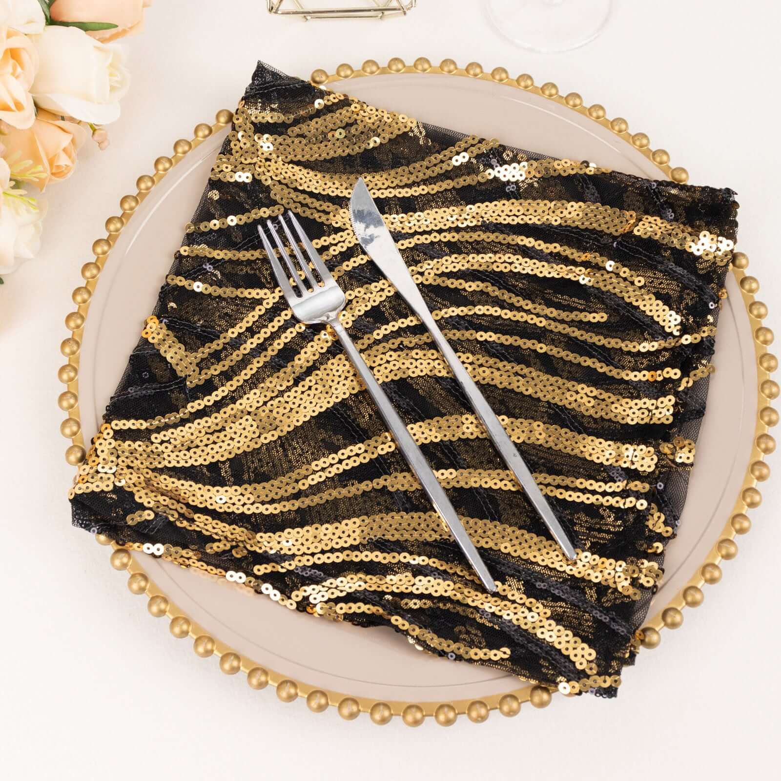 Sequin Mesh 20x20 Napkin Black Gold - Wave Embroidered Reusable Napkin