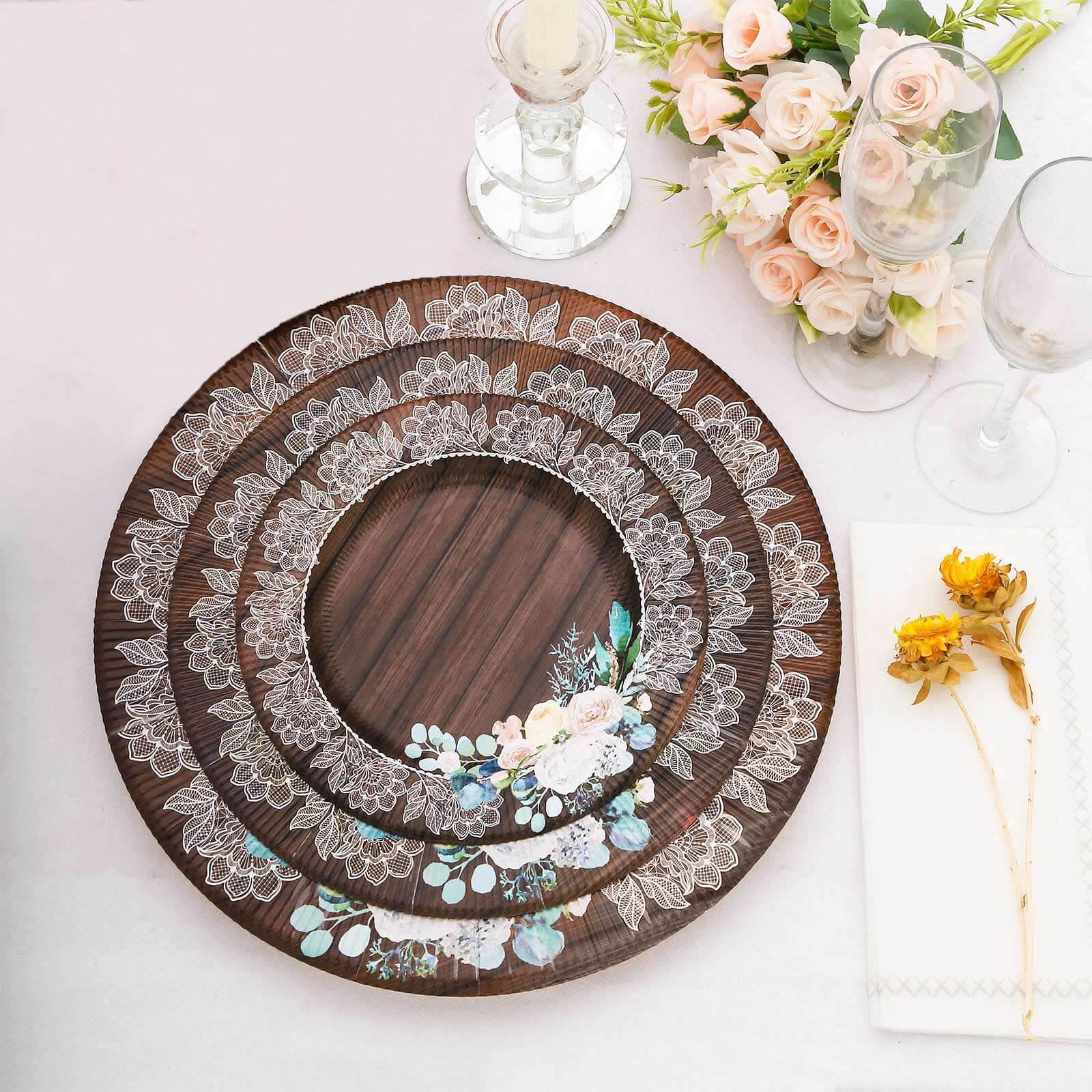 25-Pack Paper 8 Round Dessert Plates in Brown Wood Print with Floral Lace Rim - Disposable Salad Appetizer Plates for Farmhouse Events & Rustic Themes