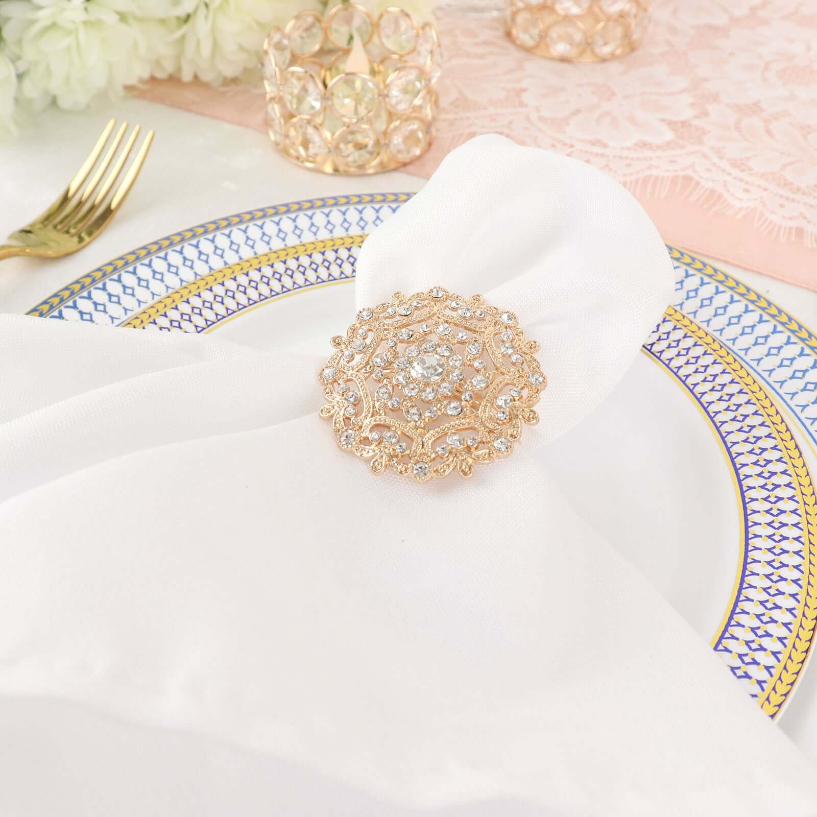 4 Pack Diamond Rhinestone Gold Metal Flower Napkin Rings, Decorative Napkin Buckle Holders