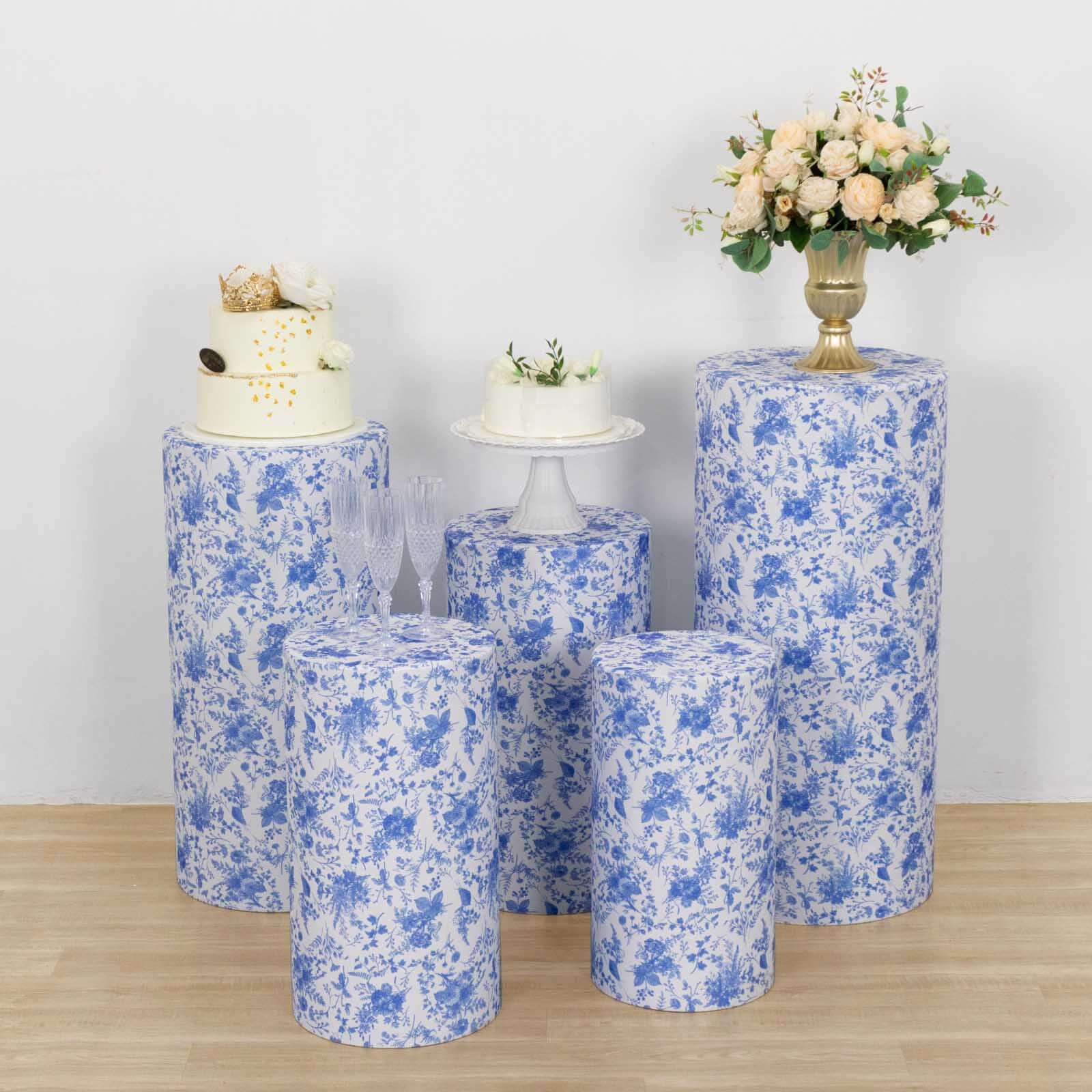 Set of 5 White Blue Spandex Cylinder Pedestal Stand Covers in French Toile Floral Pattern, Stretchable Pillar Prop Covers - 160 GSM