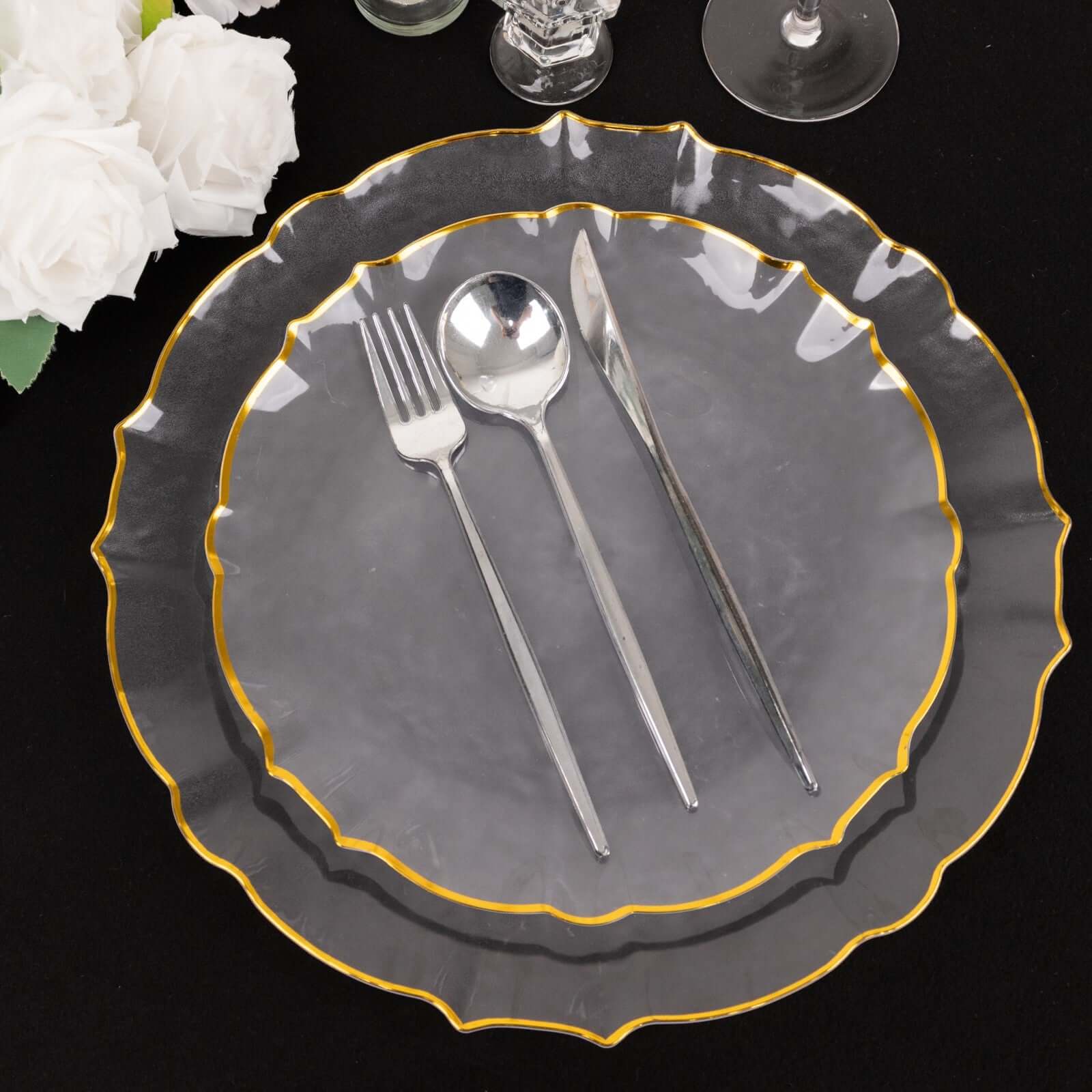 10-Pack Plastic 10 Round Dinner Plates in Clear Sunflower with Gold Scalloped Rim - Disposable Party Plates for Classy Events & Banquets