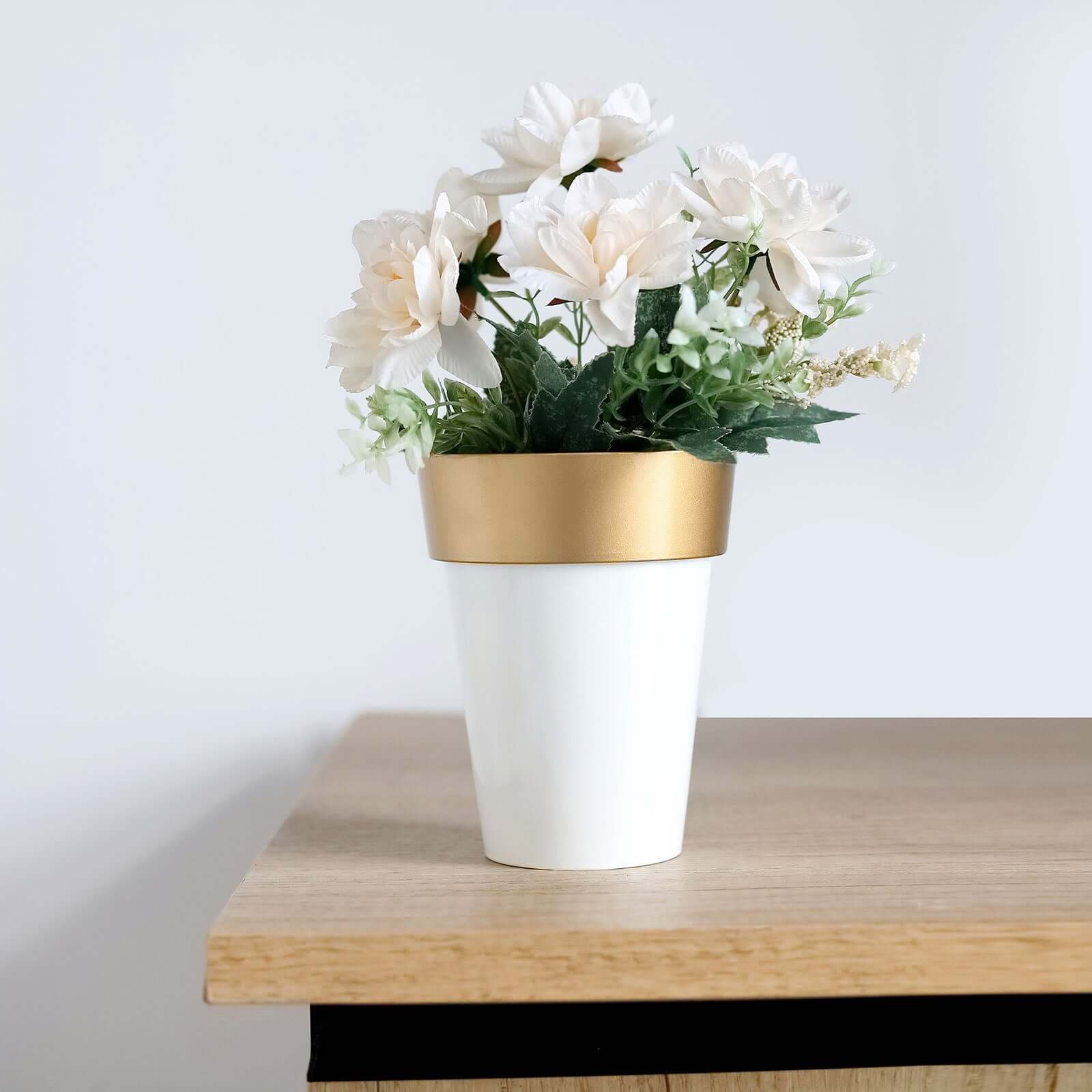 2-Pack Flower Plant Pots Medium Design White with Gold Rim - Plastic Indoor Decorative Planters 6