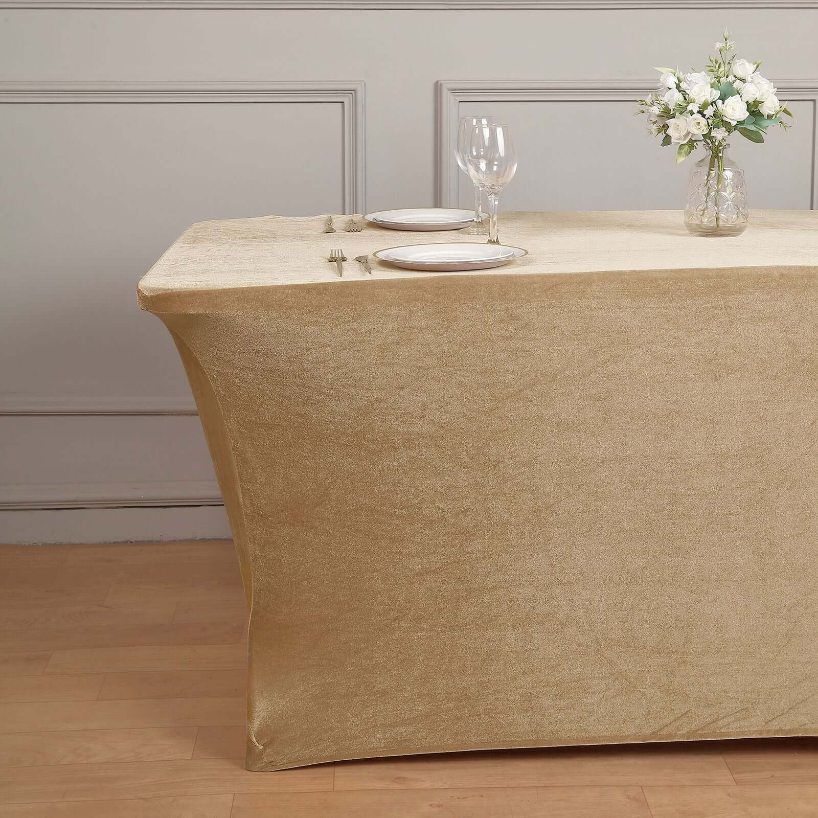 Velvet Spandex 6ft Rectangle Tablecloth Champagne - Fitted Wrinkle-Free Design for 72x30 Tables