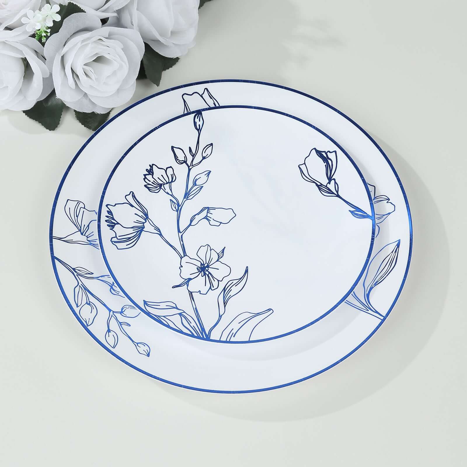 Set of 20 Plastic Round Dinner and Dessert Plates in White with Metallic Blue Floral Design - Stylish Disposable Dinnerware 8, 10