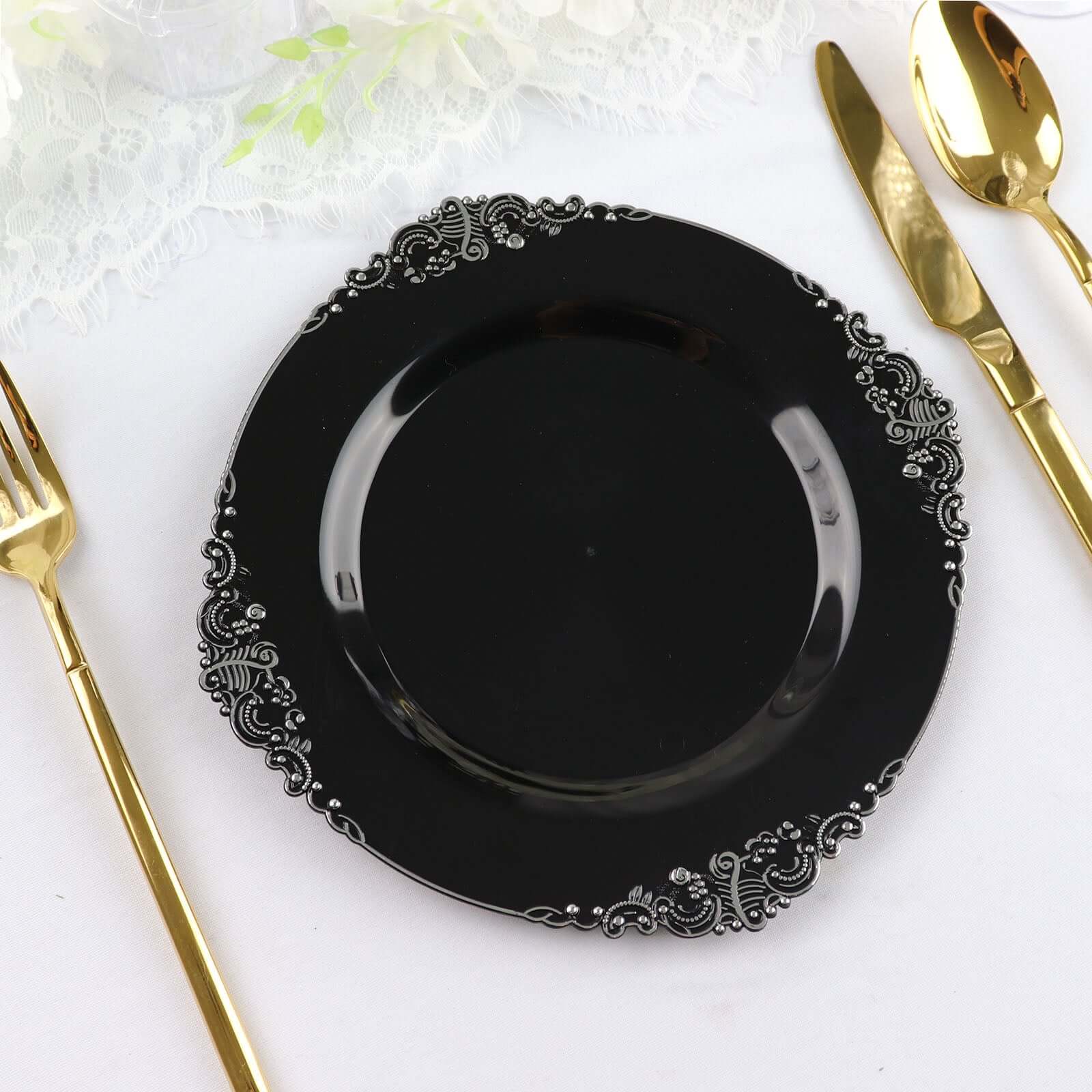 10-Pack Plastic 8 Round Dessert Plates in Black with Silver Leaf Embossed Rim - Disposable Vintage Baroque Style Salad Plates