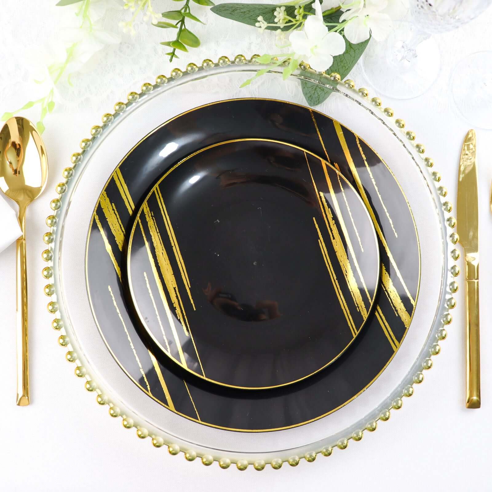 10-Pack Plastic 7 Round Dessert Plates in Black with Gold Brush Stroked Print - Disposable Appetizer Salad Plates for Modern Themed Events & Banquets