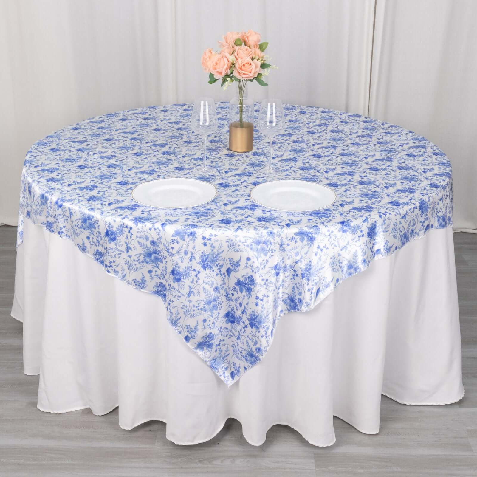 Satin 72x72 Table Overlay Square Tablecloth White Blue - French Toile Floral Design for Stylish Celebrations