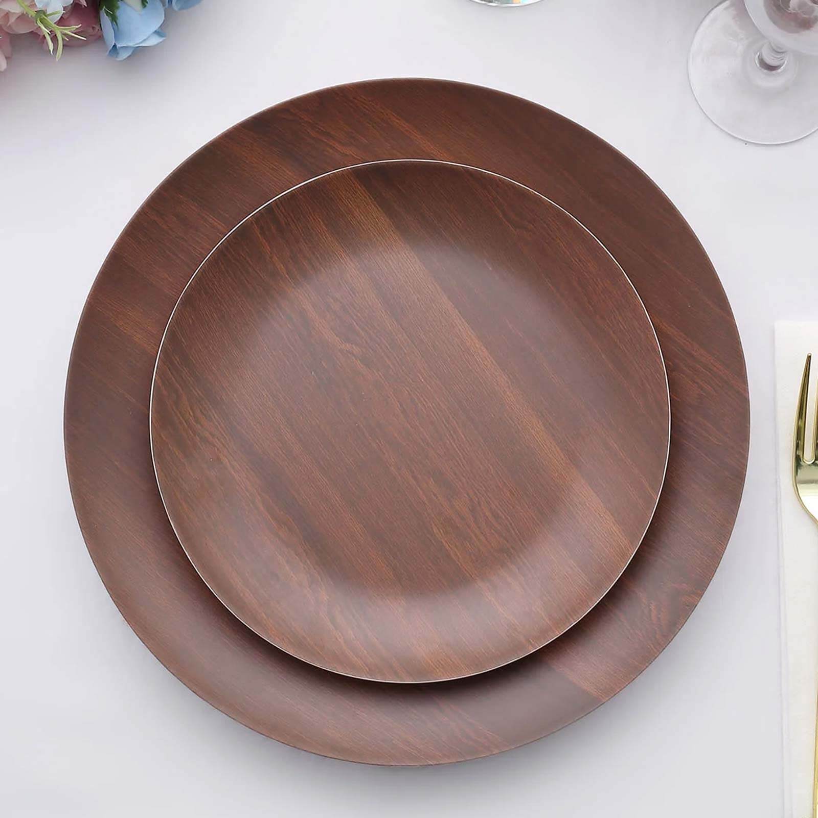 Pack of 6 Melamine 8 Round Dessert Plates in Brown Wood Grain Print - Disposable Shatterproof Appetizer Salad Plates for Rustic Farmhouse-Inspired Table Decor