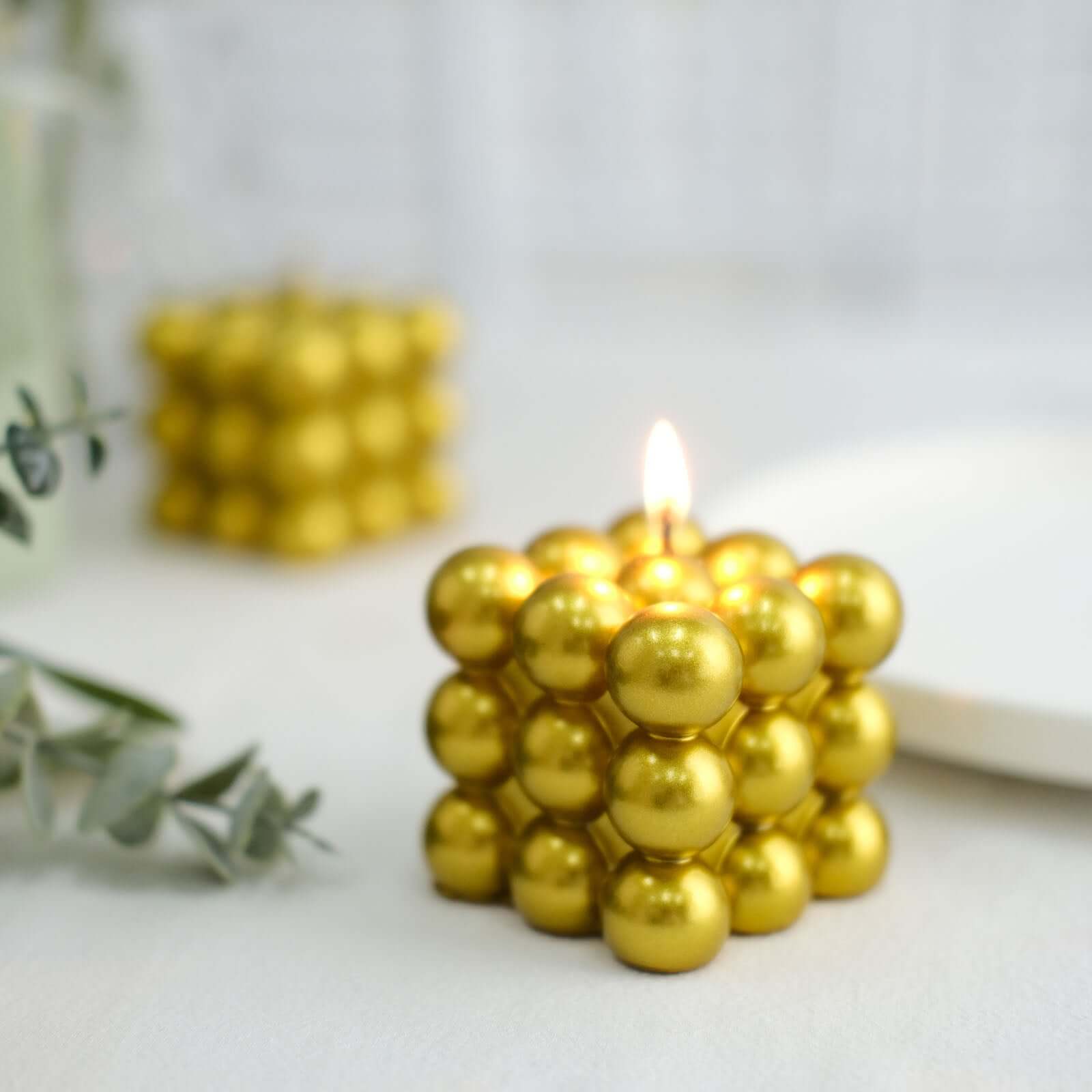 2-Pack Decorative Paraffin Wax Candles Bubble Cube Design Metallic Gold - Unscented Long Burning Pillar Candle Set 2