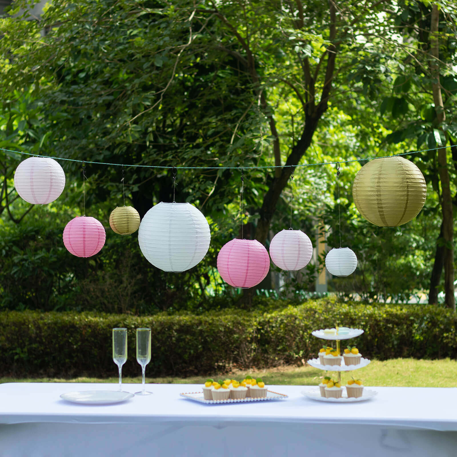 Set of 8 Mixed Blush Gold Hanging Paper Lanterns, Decorative Round Chinese Sky Lanterns, Assorted Sizes - 6,8,10,14