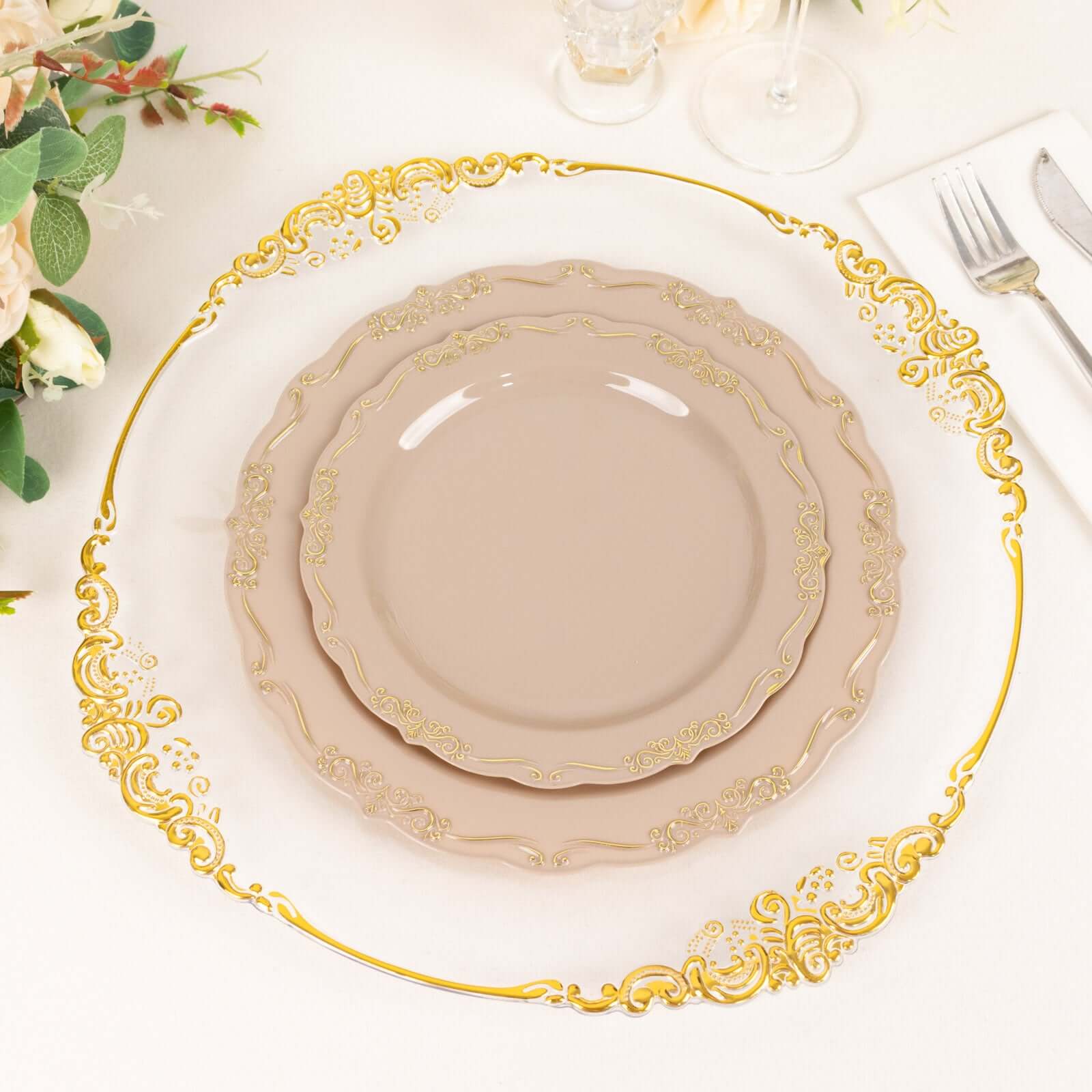 10-Pack Plastic 7 Round Dessert Plates in Taupe with Gold Vintage Embossed Rim - Sturdy Disposable Scalloped Edge Salad Plates