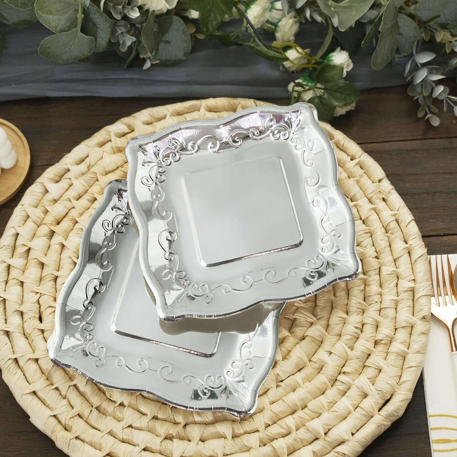 25-Pack Paper 7 Square Dessert Plates in Silver with Vintage Pottery Embossed Design - Shiny Metallic Disposable Appetizer Plates