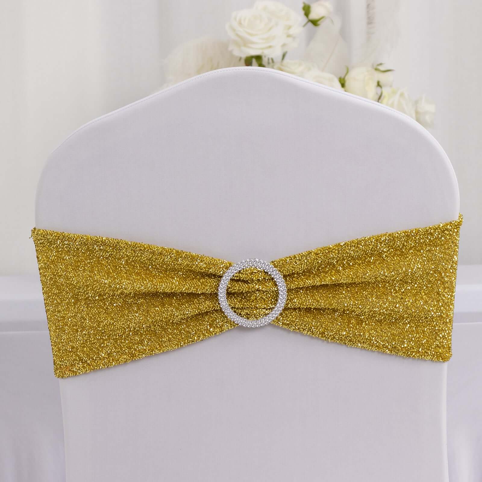 5 Pack Chair Sashes Shimmer Tinsel Spandex 5x12 with Silver Rhinestone Buckles Gold - Stylish Decor for Weddings