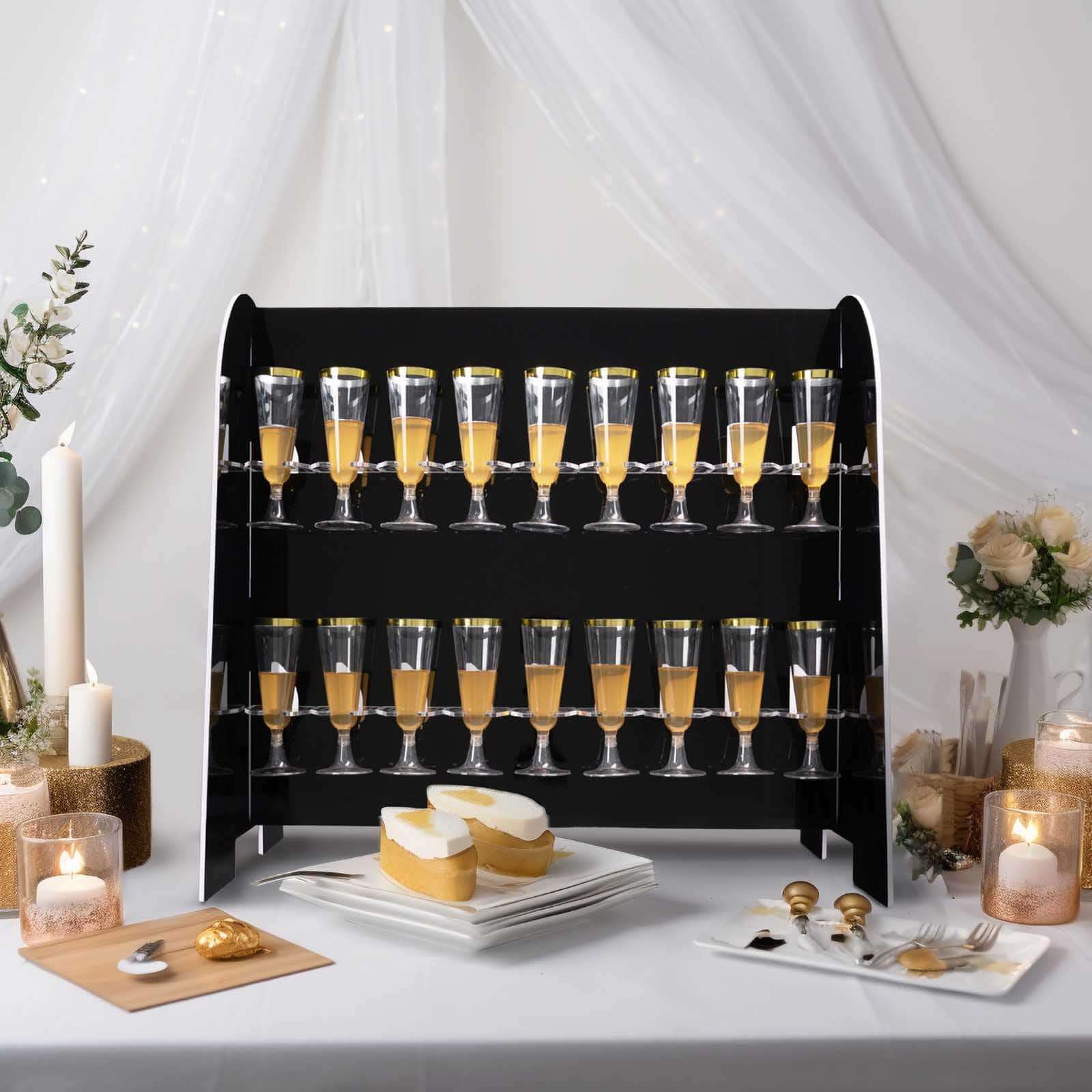 2-Tier Champagne Glass Holder Display Stand Table Top in Glossy Black - Modern Stemware Rack Cocktail Drink Holder with 18 Hooks for Events & DIY Bars 25