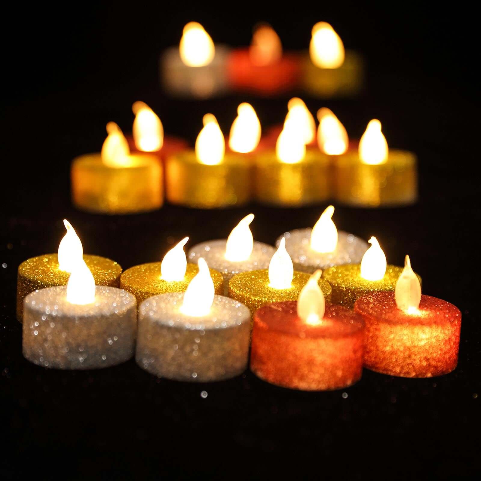 12-Pack LED Tealight Candles Glitter Gold Design - Flameless Battery Operated Tea Lights