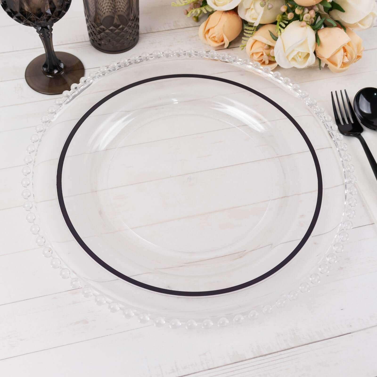 10-Pack Plastic 10 Round Dinner Plates in Clear with Black Rim - Disposable Party Plates for Classy Banquets & Special Occasions