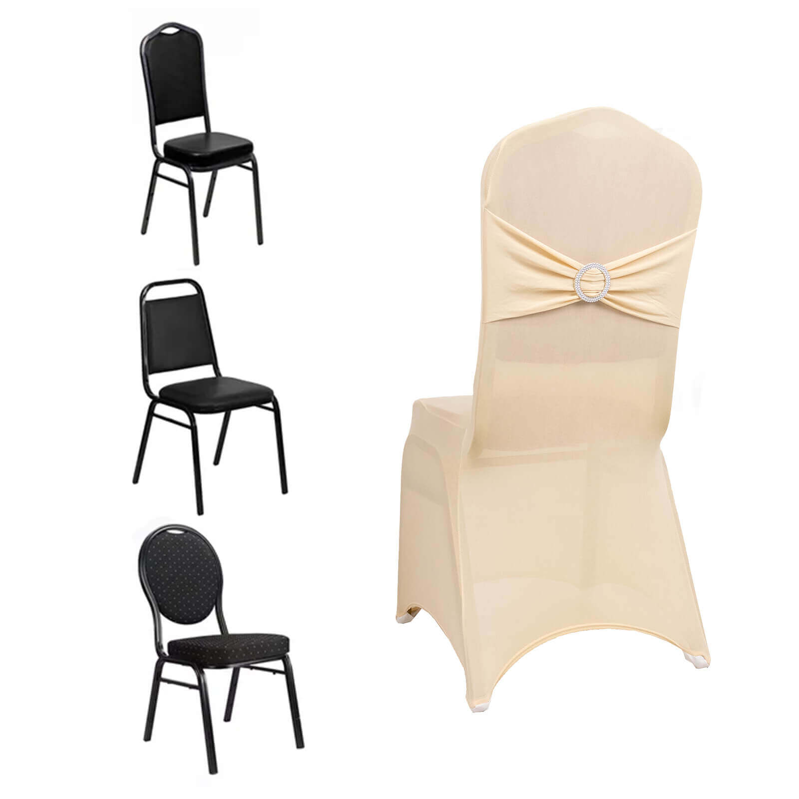 Spandex Chair Cover with Beige Rhinestone Buckled Sash Band Blush - Stretch Fitted Slipcover