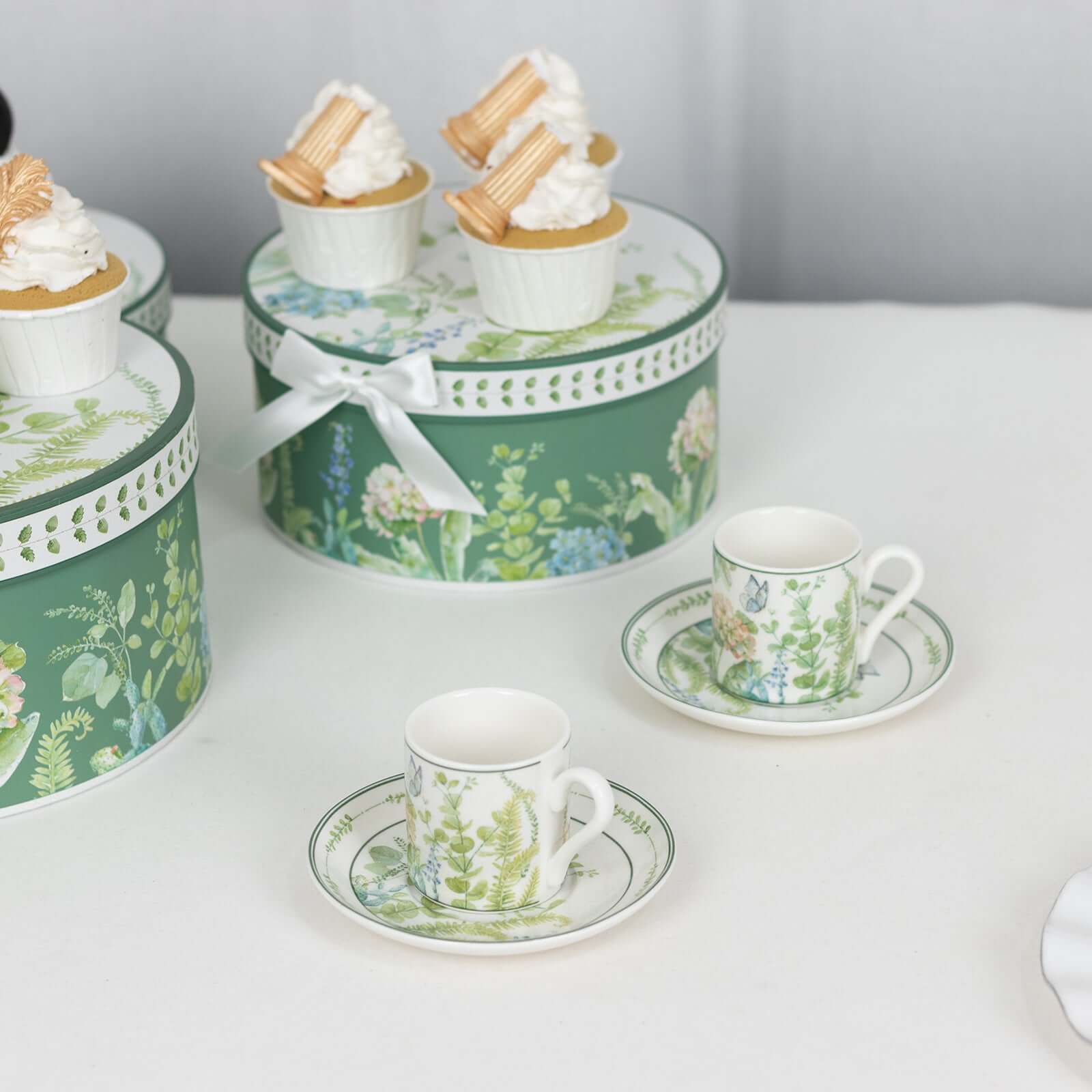 Greenery Theme Bridal Shower Gift Set, Set of 2 Porcelain Espresso Cups and Saucers with Matching Keepsake Box