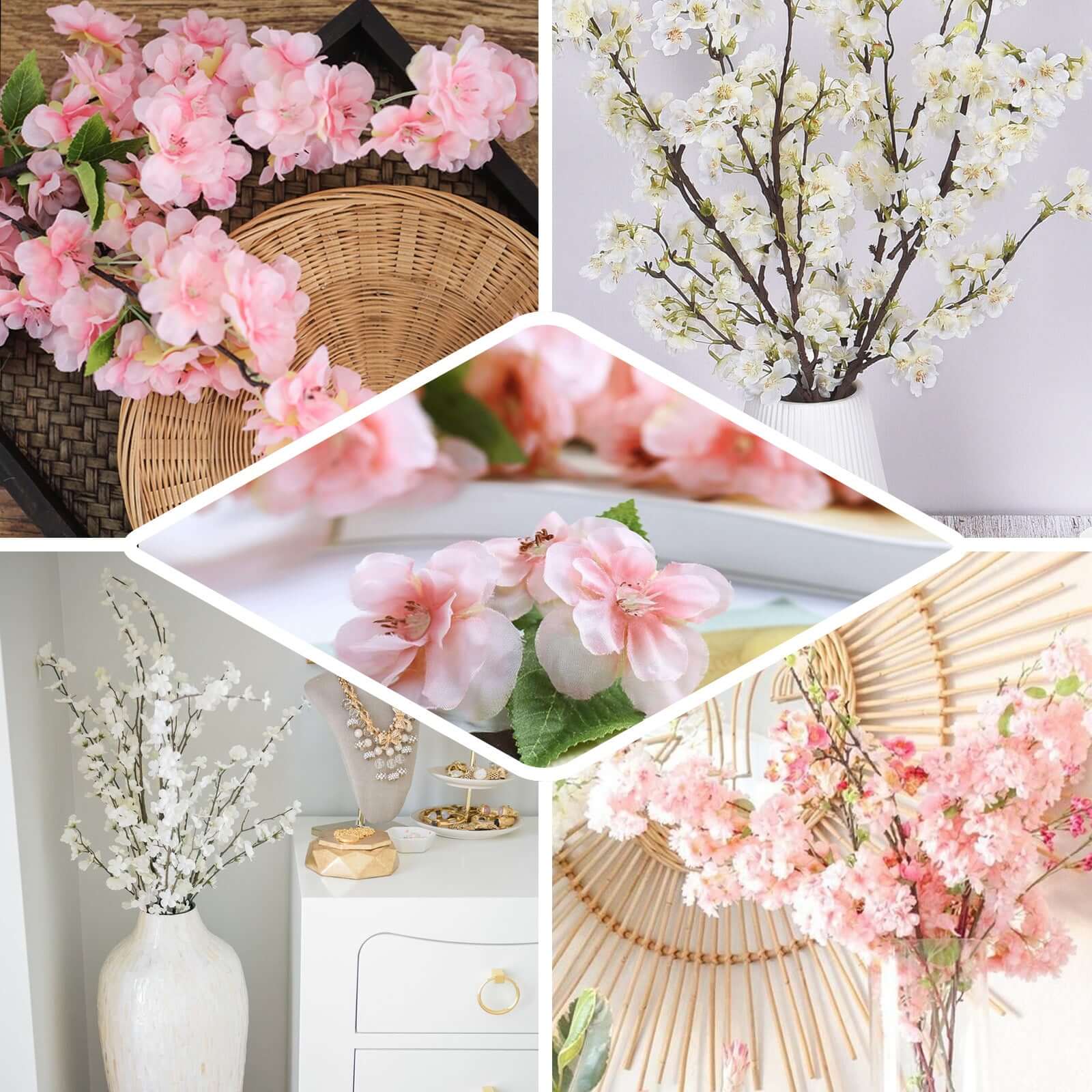 4 Bushes 40 Tall Pink Artificial Silk Cherry Blossom Flowers, Branches