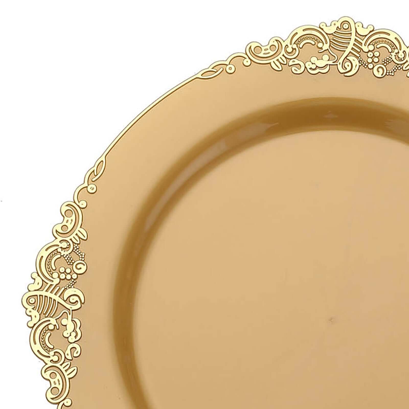 10-Pack Plastic 10 Round Dinner Plates in Gold with Leaf Embossed Rim - Disposable Vintage Baroque Style Plates for Luxurious Gatherings & Events