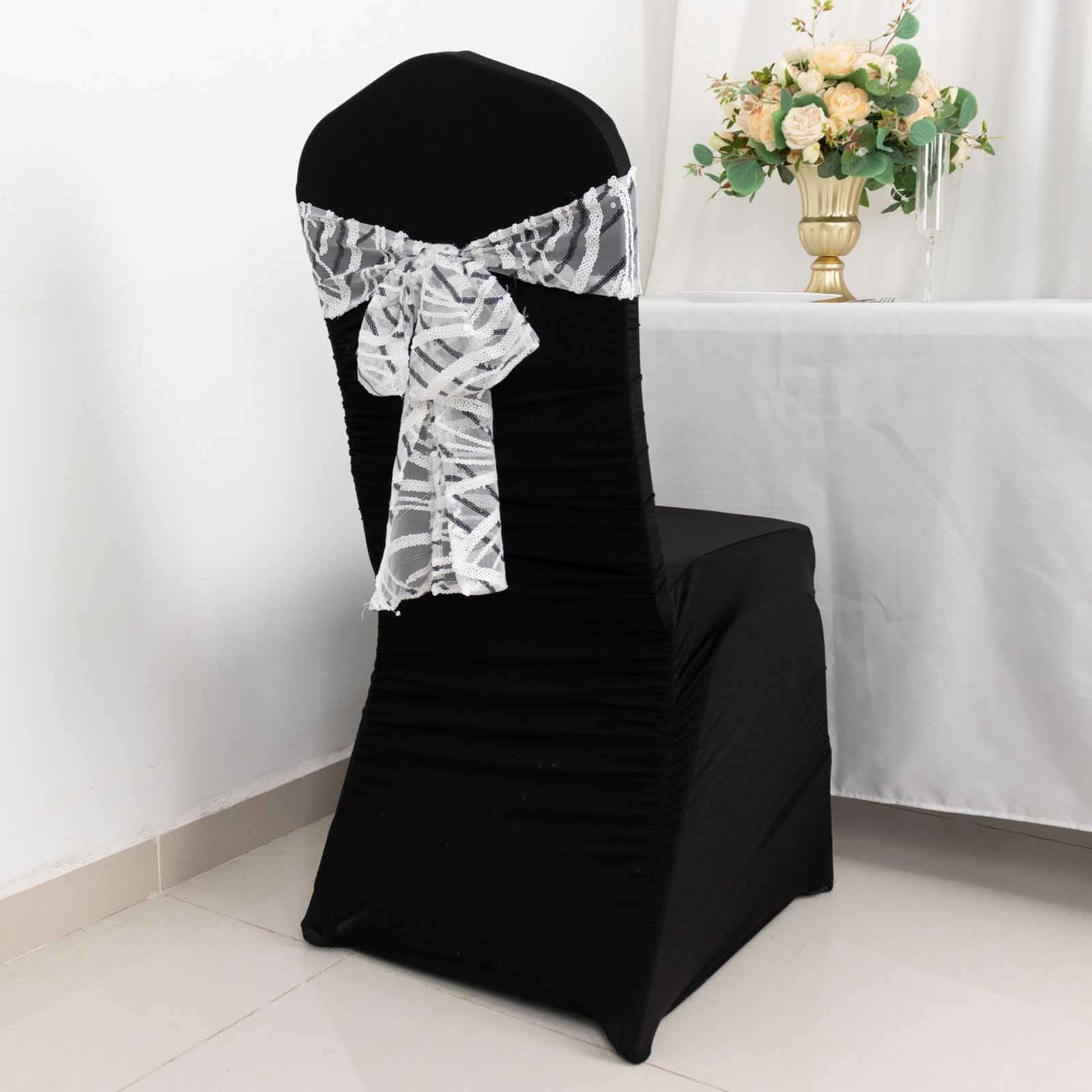 5 Pack Chair Sashes with Wave Embroidered Sequins White/Black 6x88 - Stylish Glittering Decor for Weddings